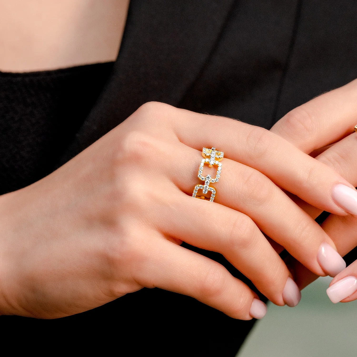 Solid Gold Diamond Chain Link Ring for Women | Prong Set Statement Band