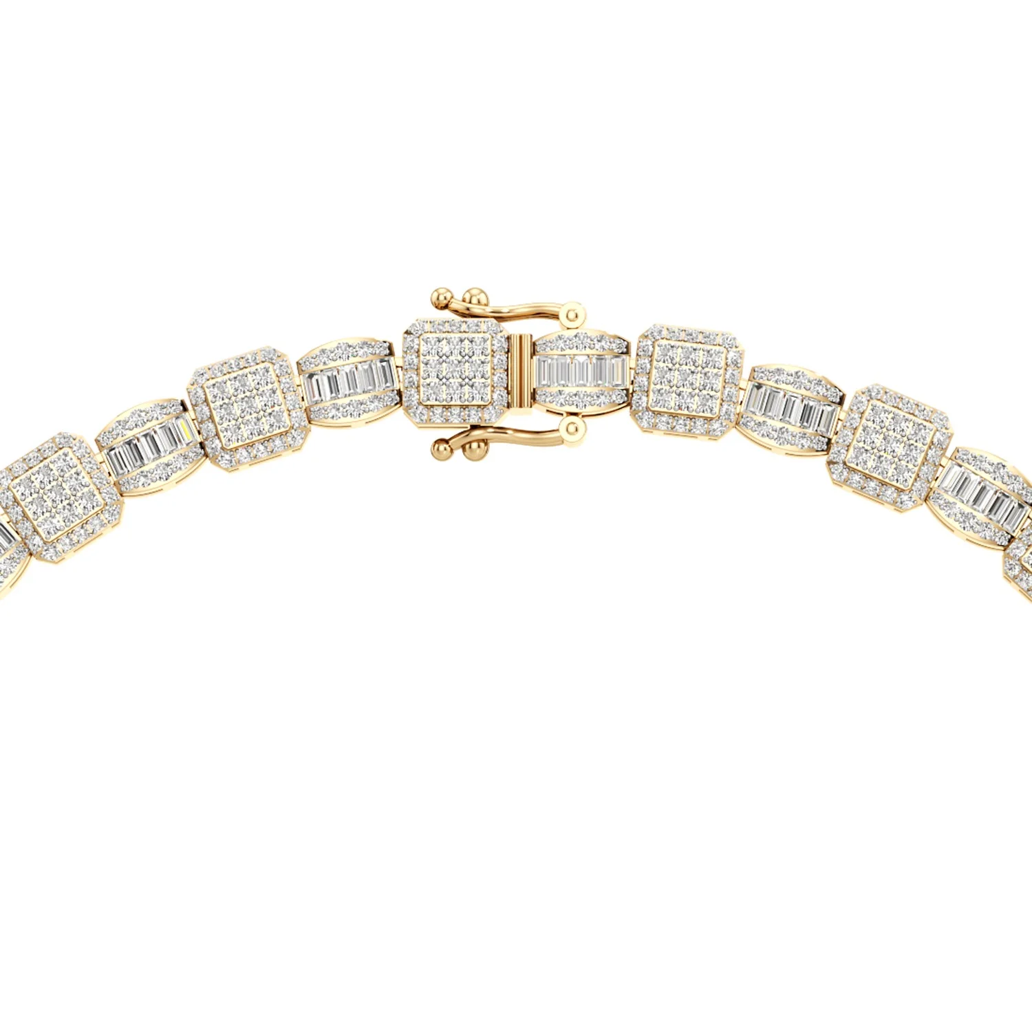 Square Halo Round and Baguette Diamond Studded Link Necklace with GB Lock