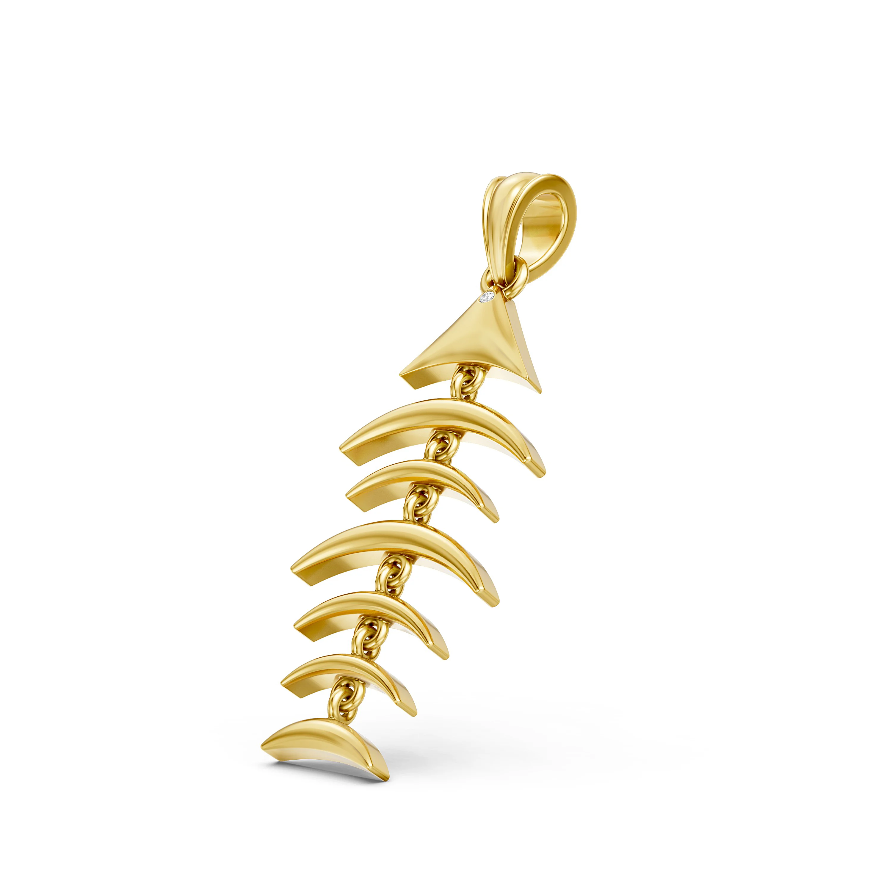 Solid Gold Fishbone Pendant with Diamond Accent in Eyes – Unique Fishbone Design Jewelry for Trendsetters