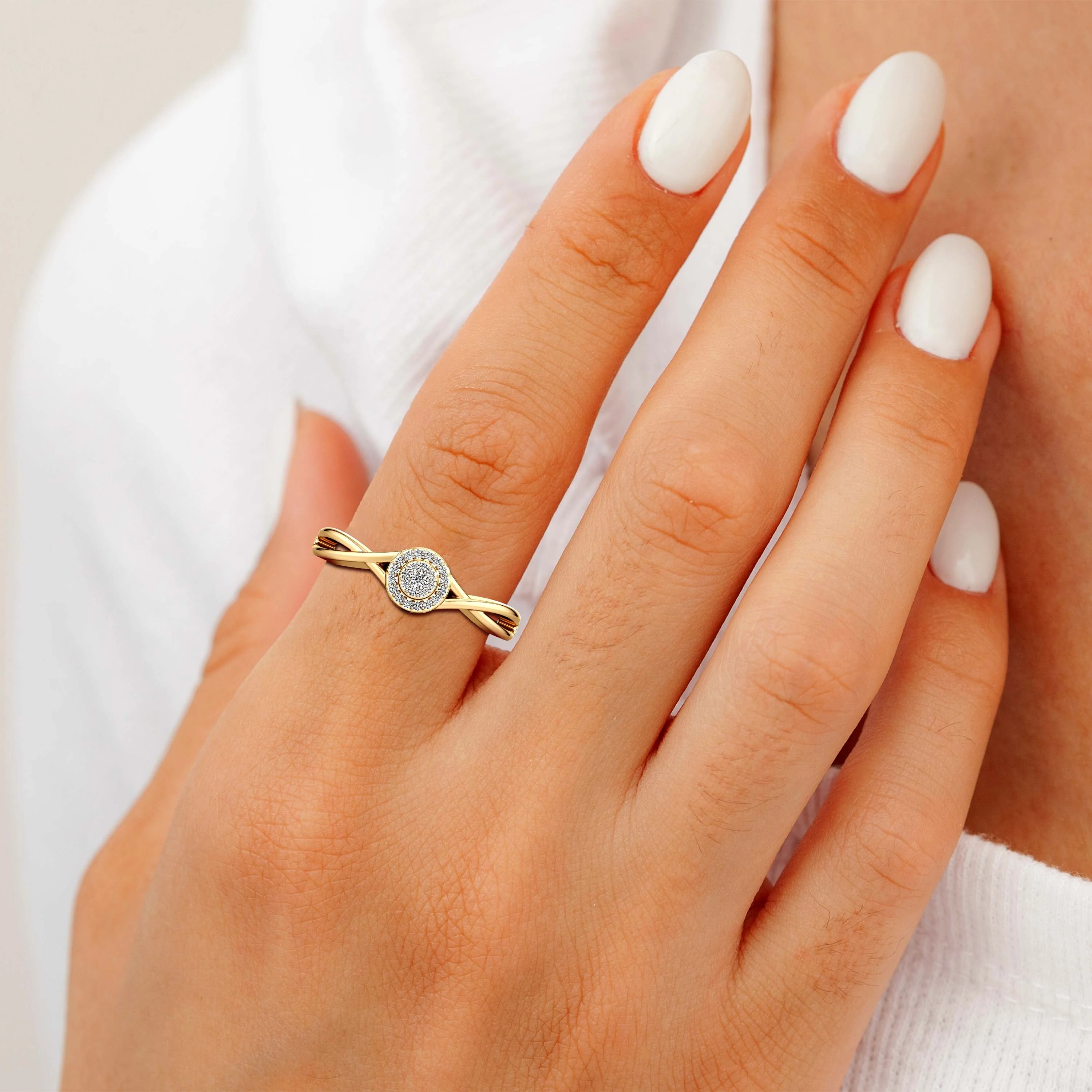 Delicate Crossover Round Halo Twisted Shank Diamond Ring