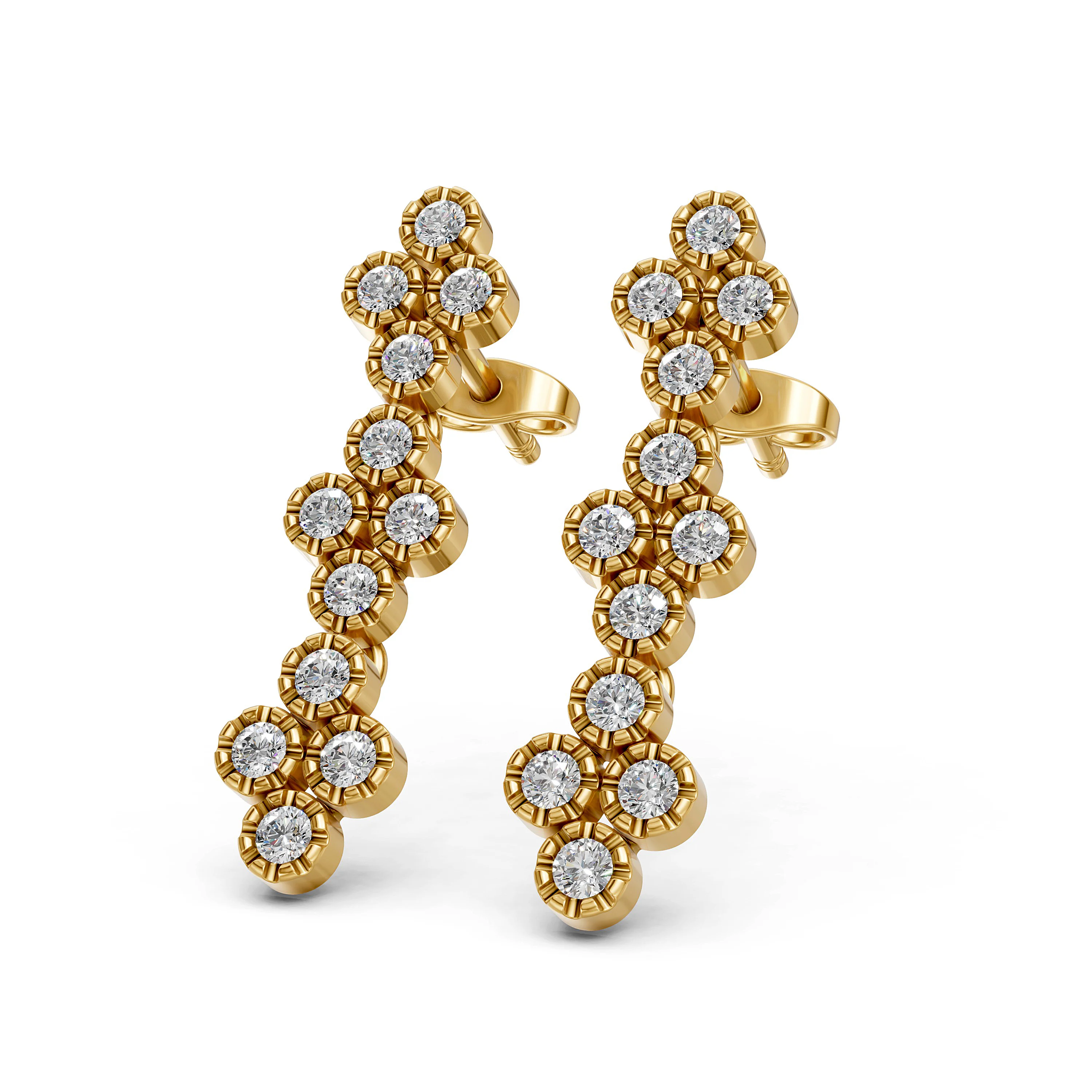 Solid Gold Floral Cluster Natural Diamond Drop and Dangle Earrings