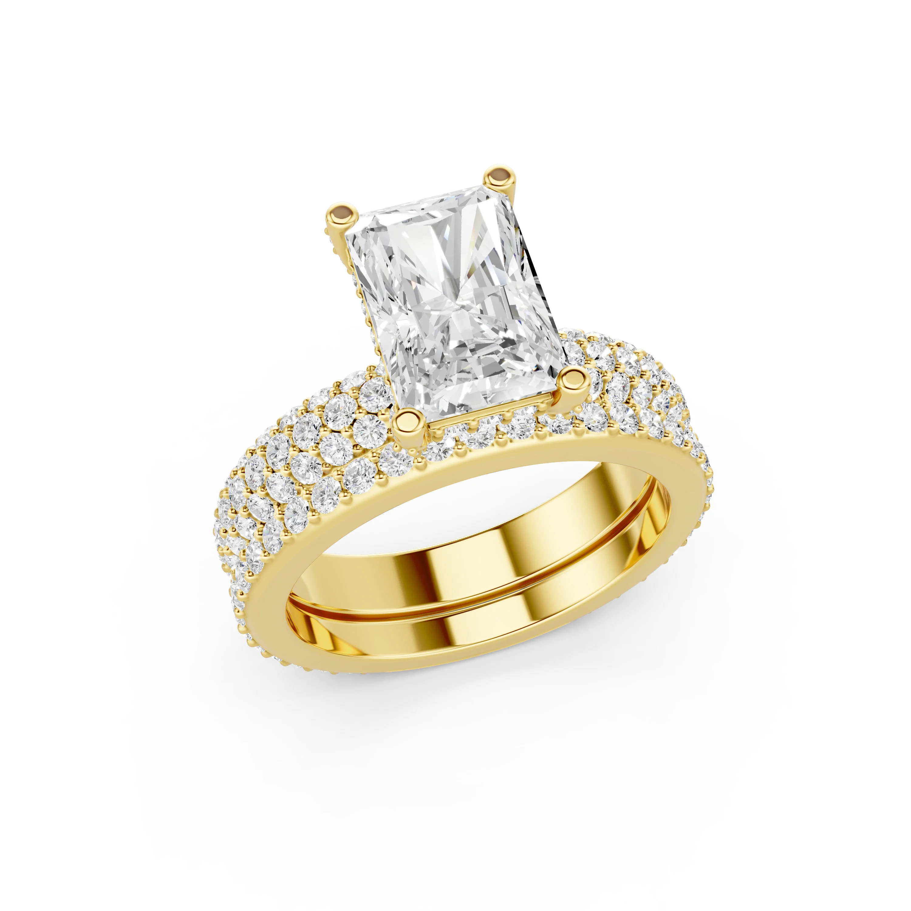 Solid Gold Radiant and Round Diamonds Bridal Ring Sets