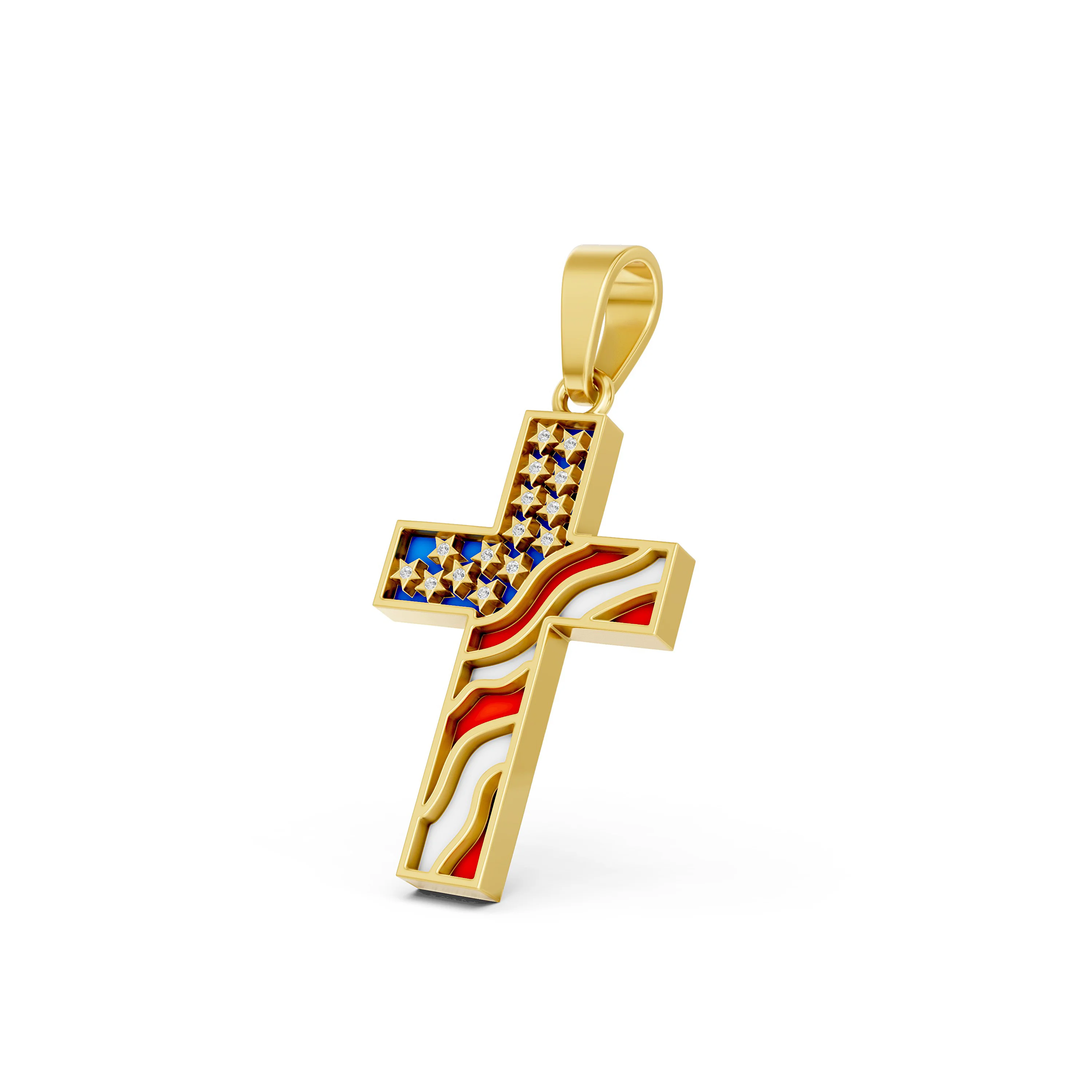 Solid Gold US Flag Inlay Cross Diamond Pendant - American Pride Jewelry