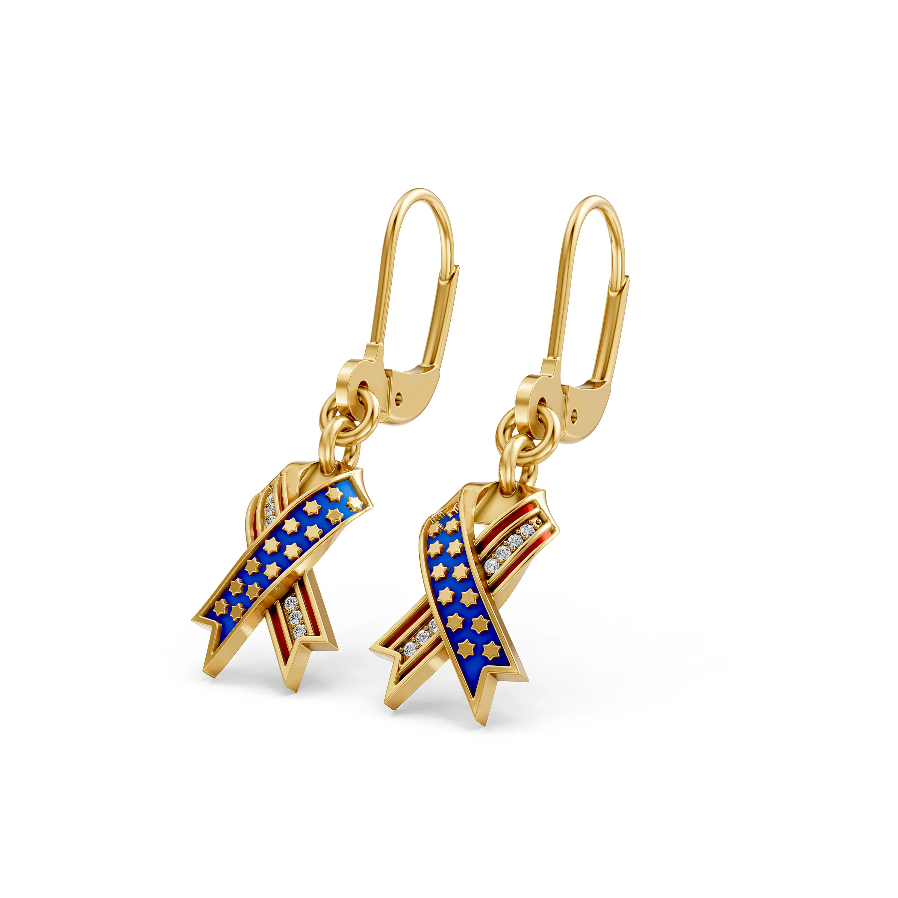 Solid Gold USA-Inspired Ribbon Natural Diamond Earrings - Perfect for Patriotic Occasion
