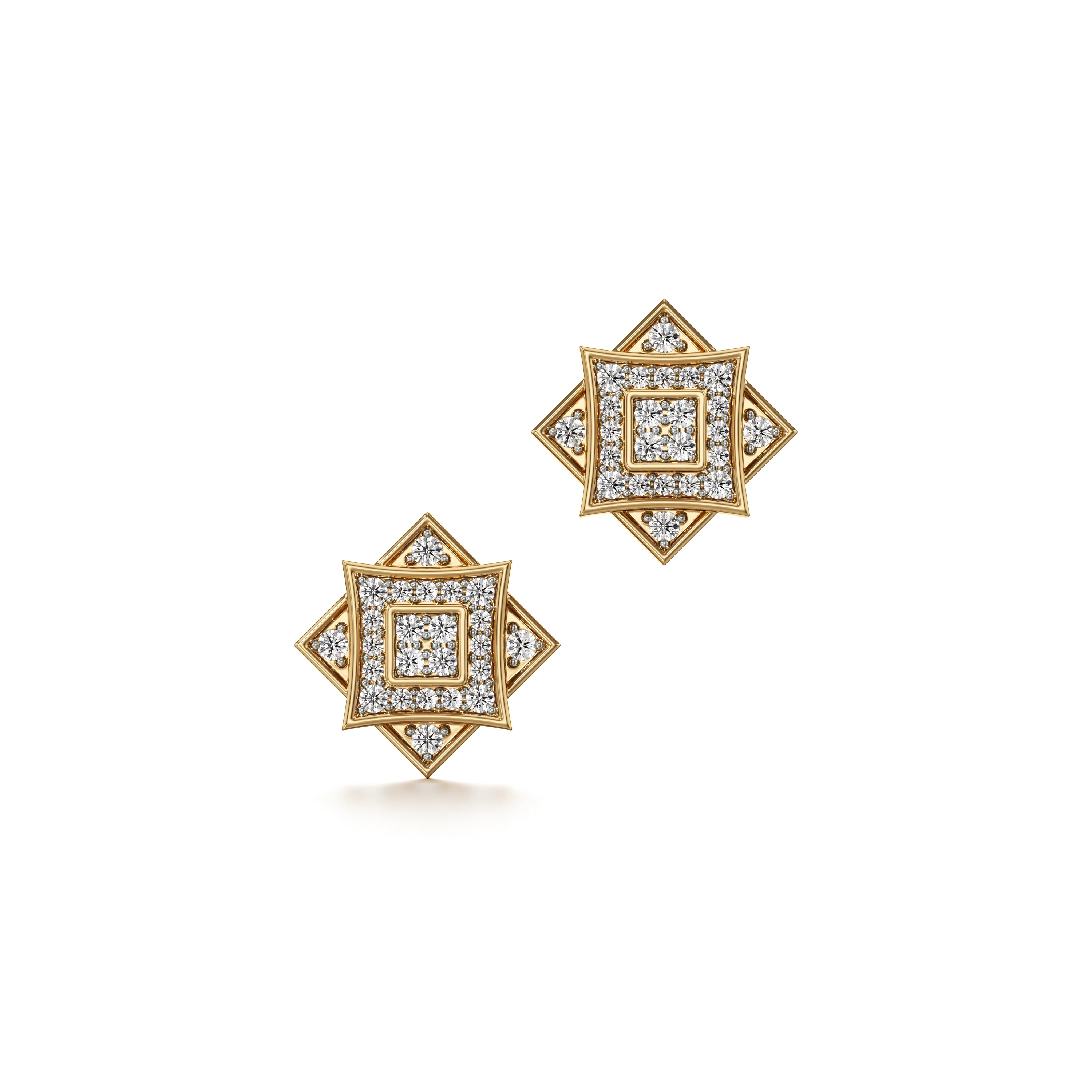 Double Square Halo Diamond Stud Earrings With Star Pattern