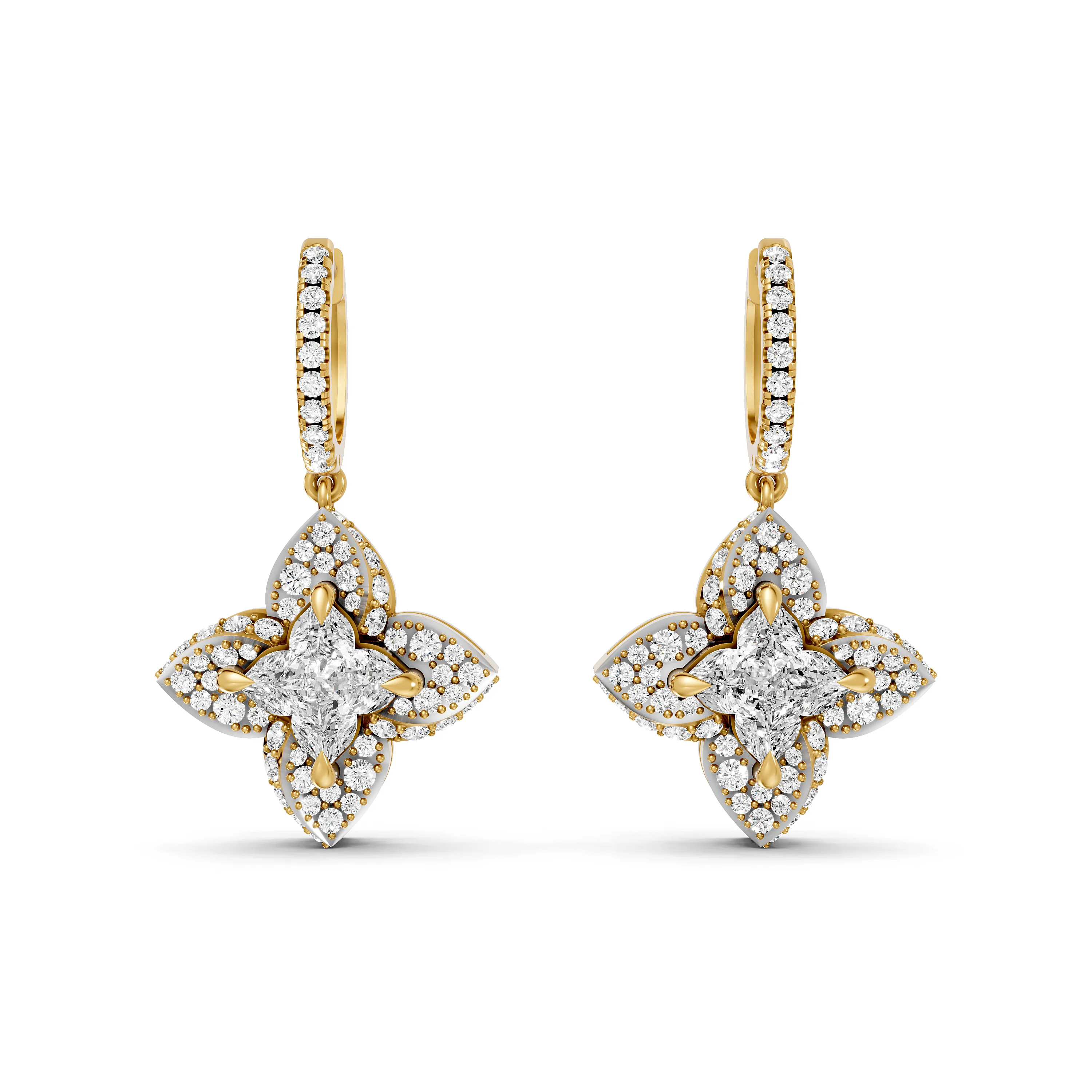 Fancy Center Lab Grown Dimond Flower Drop Earring In Tow Tone Gold