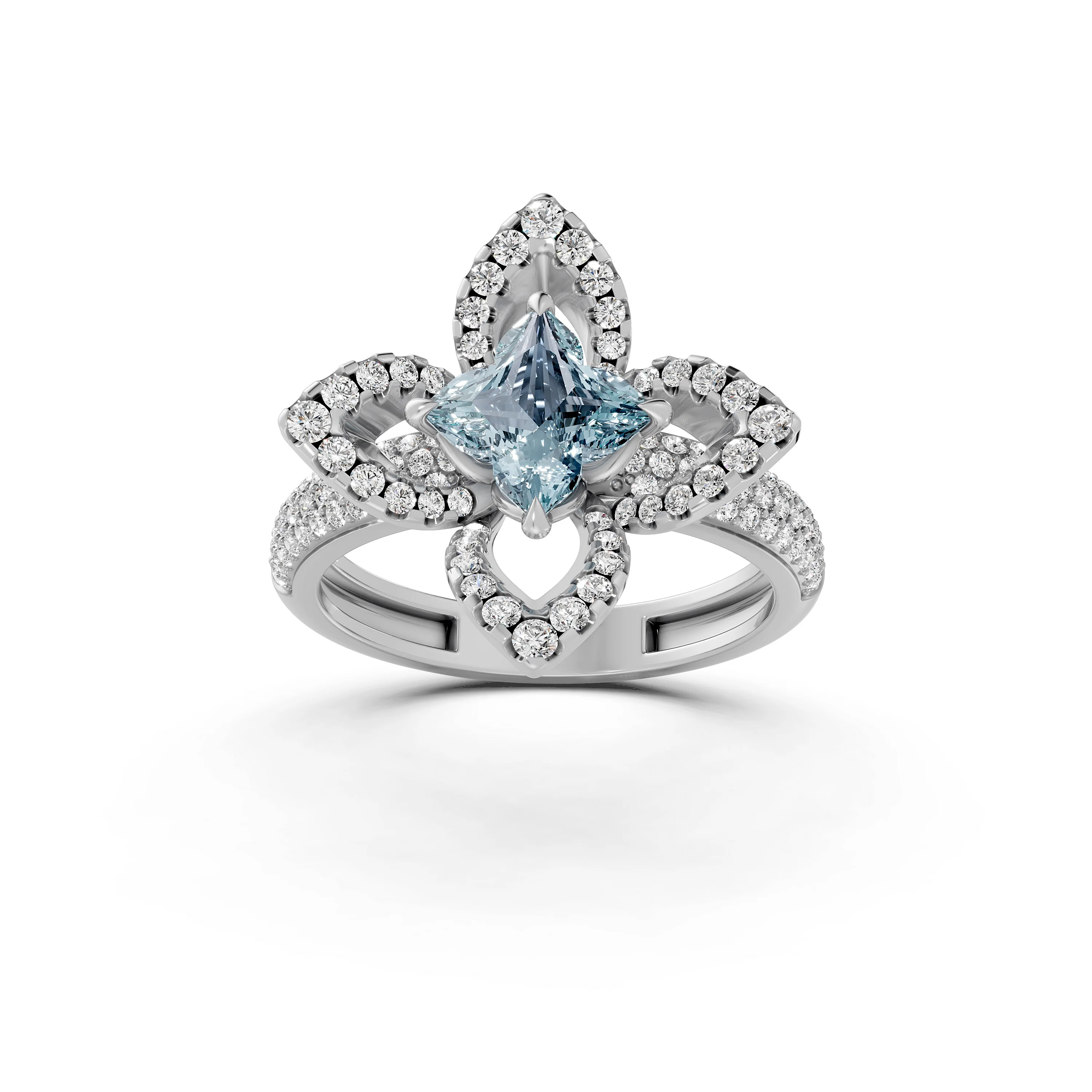 Fancy Cut Aquamarine and Lab Grown Diamonds 10K White Gold Ring For Her | US-6