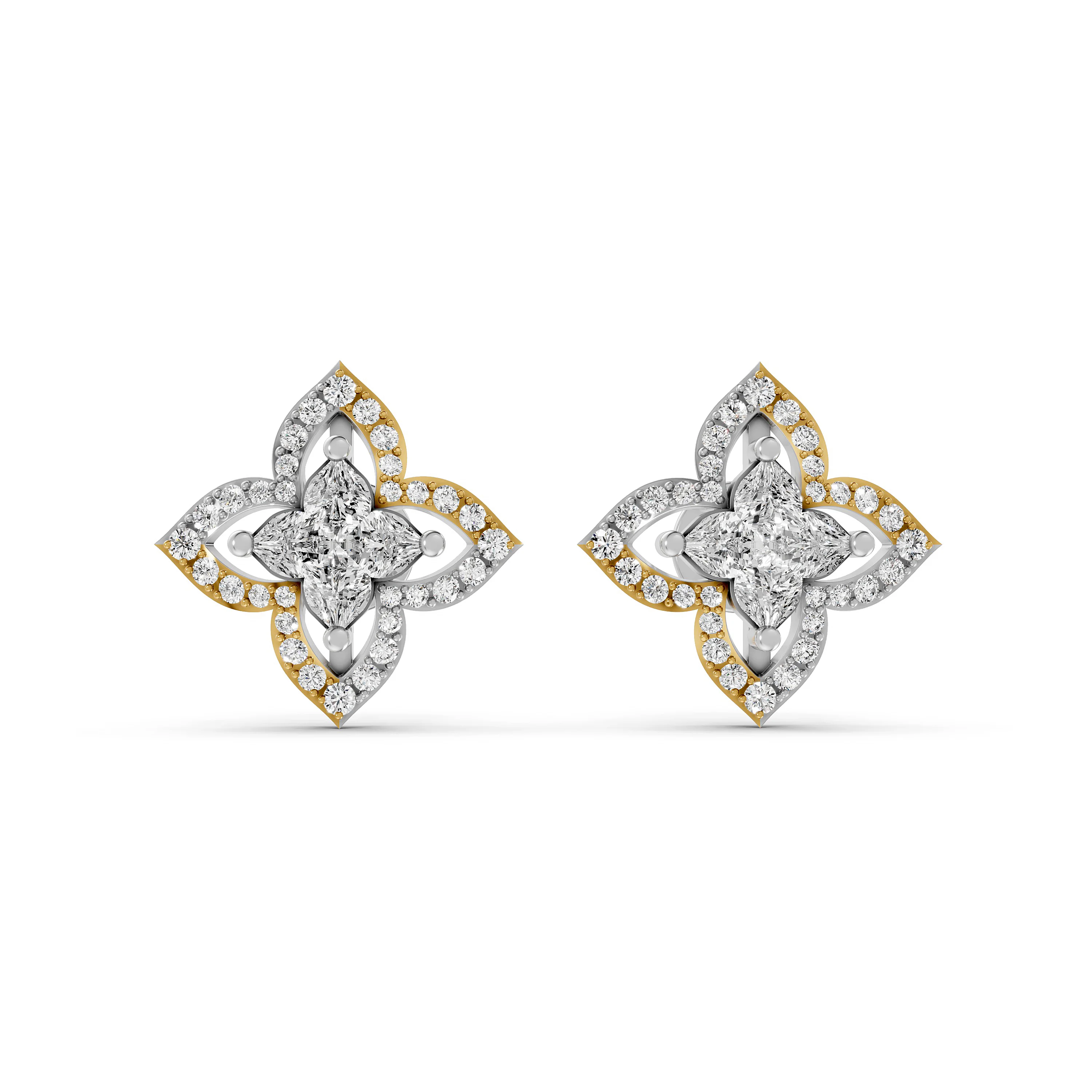 Fancy Diamond Flower Earrings in Two Tone Gold