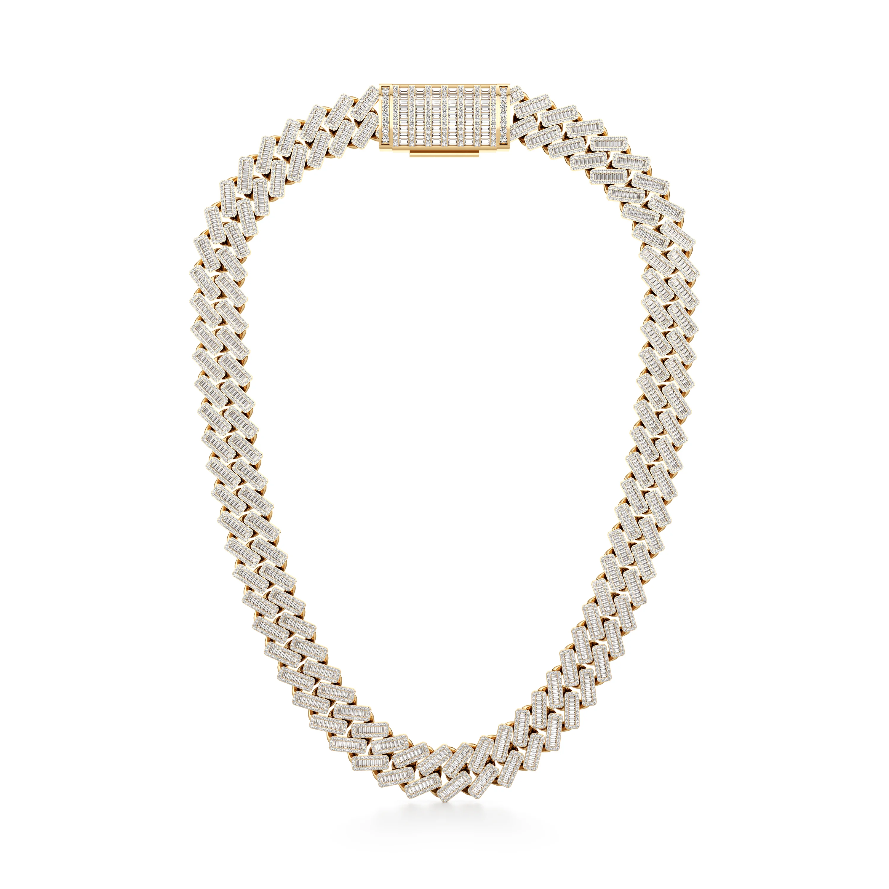 Diamond Studded Cuban Zig Zag Link Necklace Chain with Box Closure