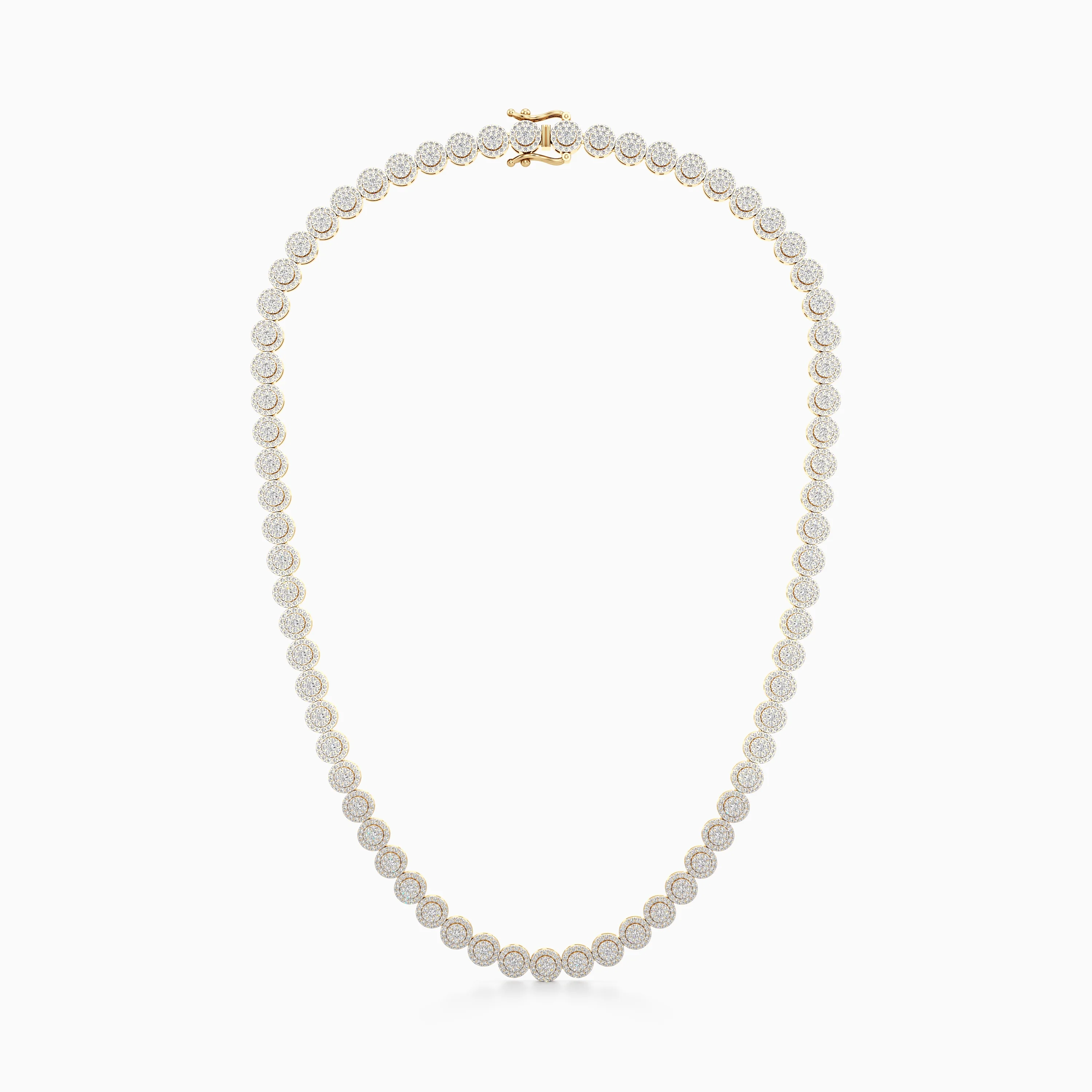 Gold Diamond Studded Round Tennis Halo Link Necklace Chain With GB Box Lock