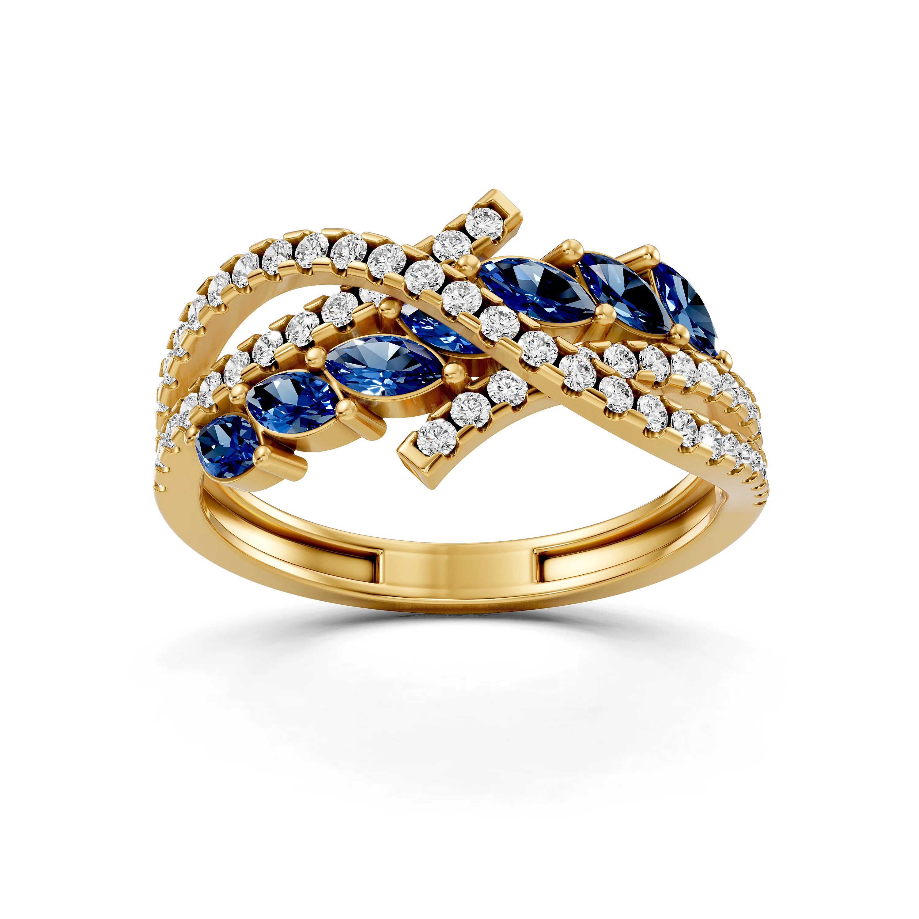 Marquise Blue Sapphire and Natural Diamonds Bypass Ring In Luxe Gold