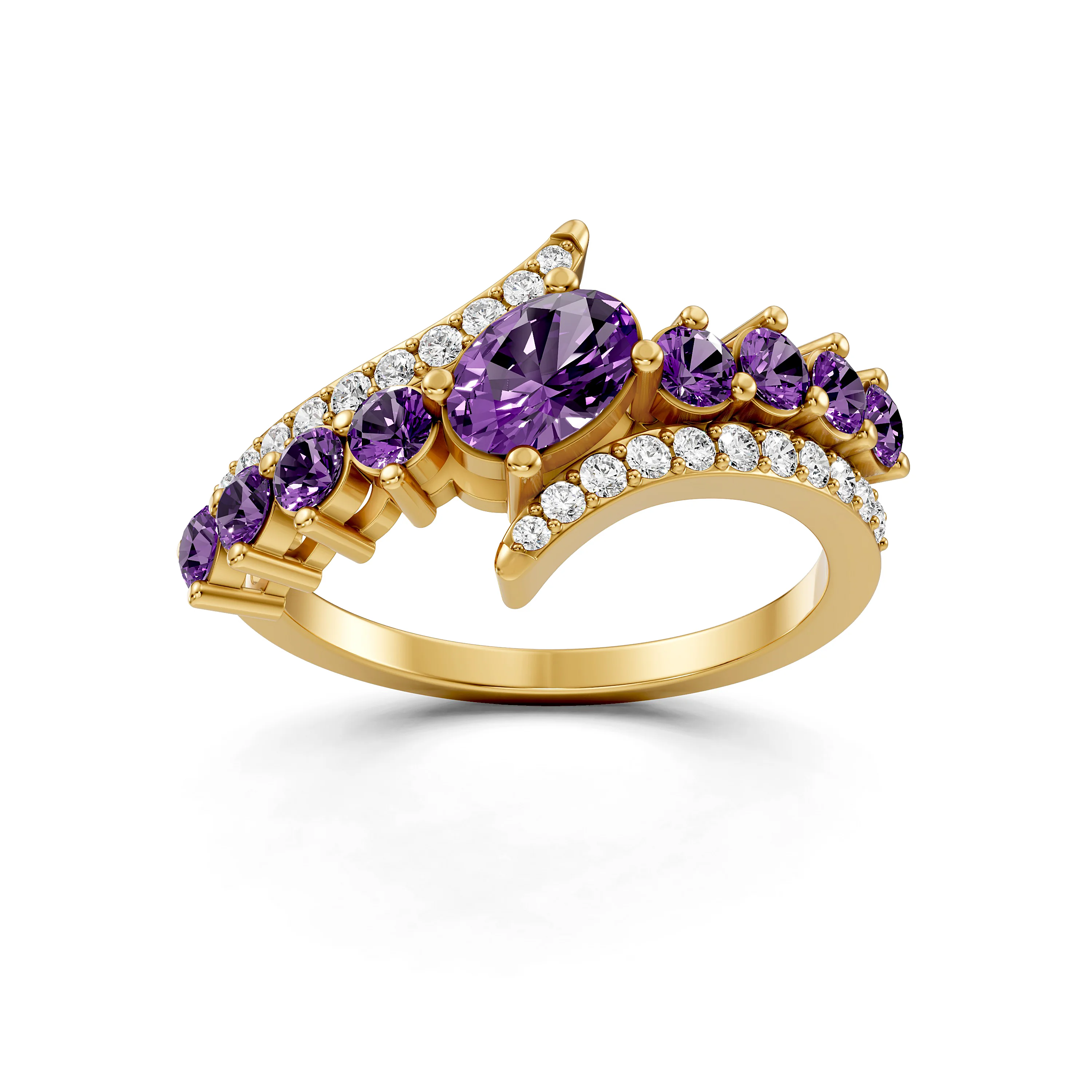 Oval Amethyst and Natural Diamonds Bypass Ring In Luxe Gold