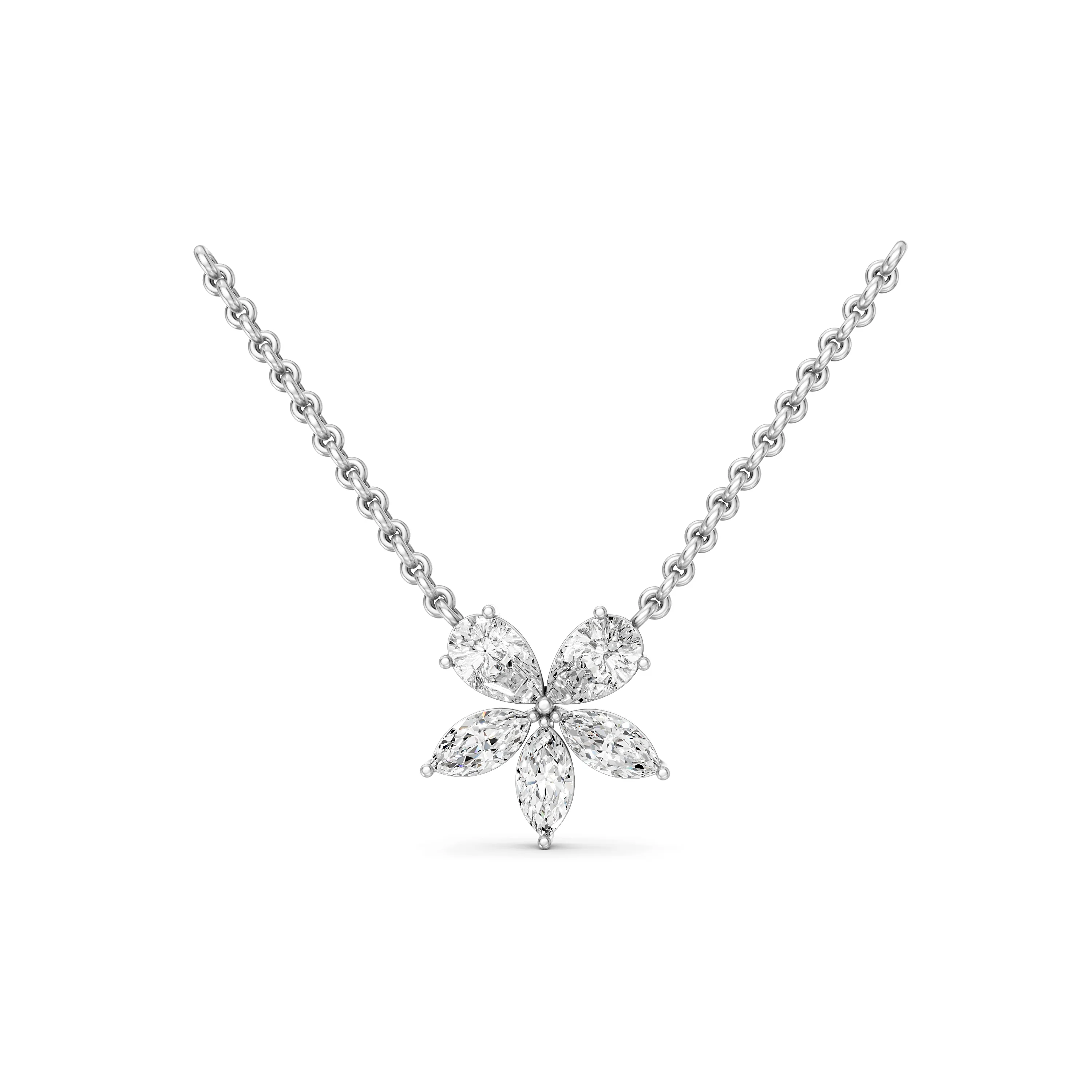 Pear and Marquise Diamonds 5 Stone Charm Necklace in 10K White Gold | Floral Pendant Necklace - 16 Inch