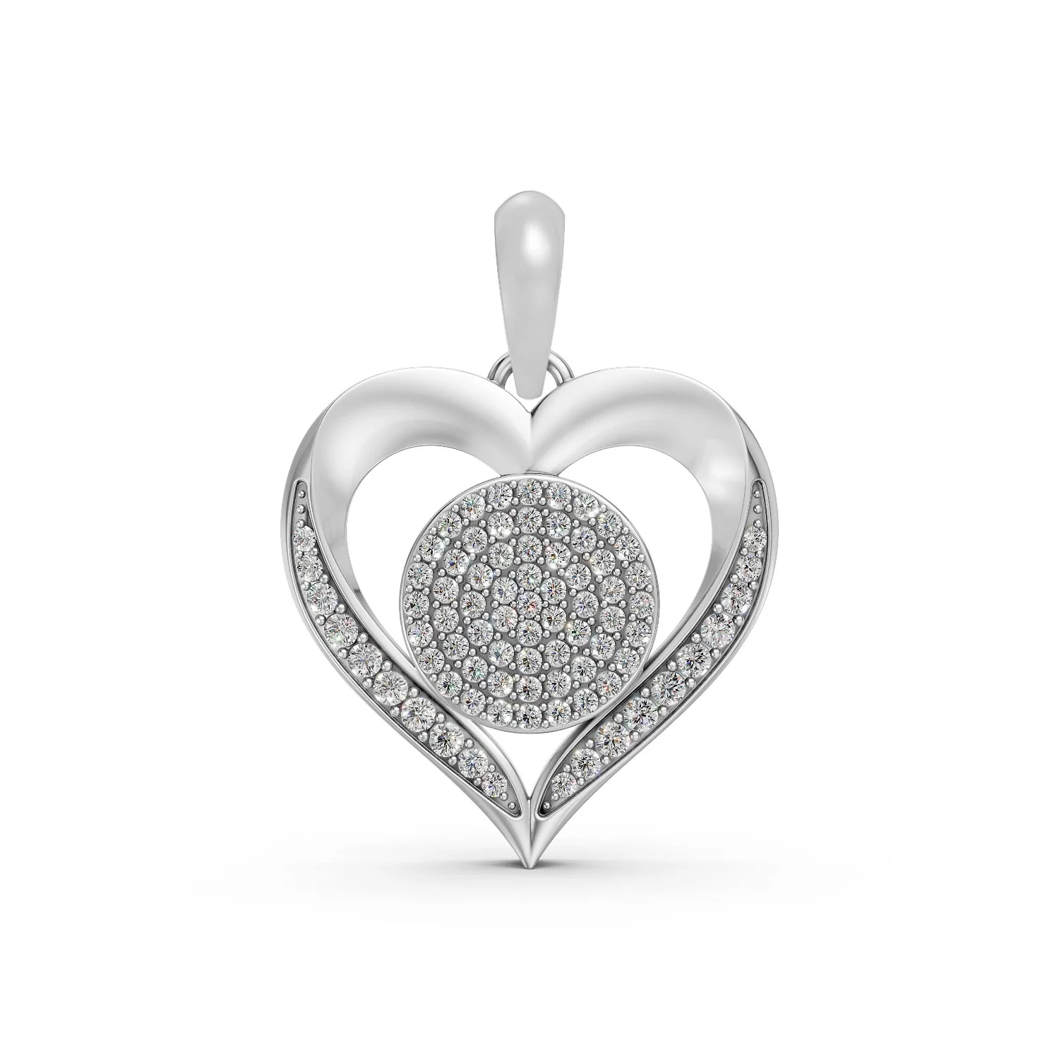 10K White Gold Iced Out Heart Framed Round Cluster 0.49 CT.T.W Round Diamonds Pendant for Her