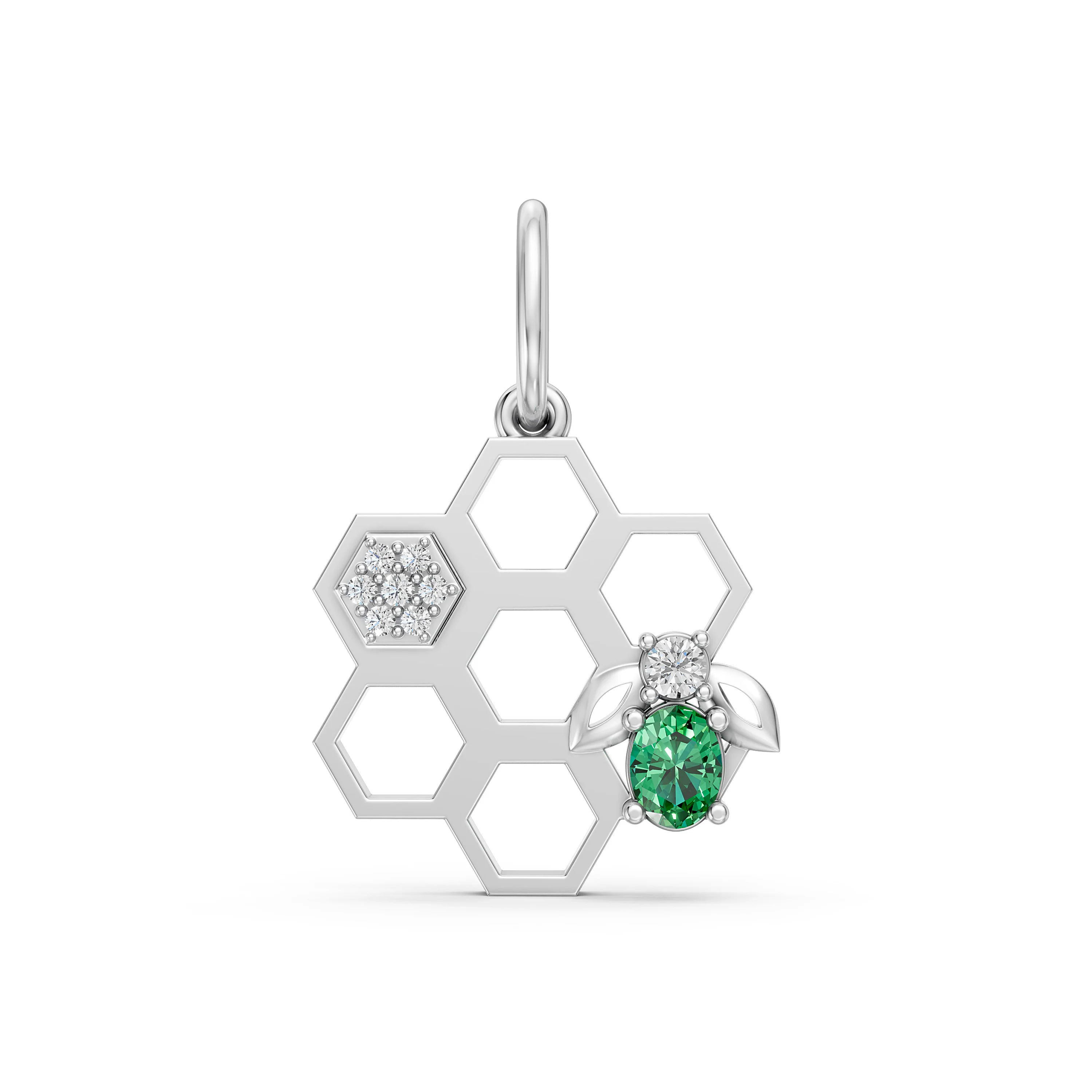 10K White Gold Honeycomb Pendant with 0.07 CT.T.W Diamond & Green Gemstone – Elegant Jewelry for Special Occasions