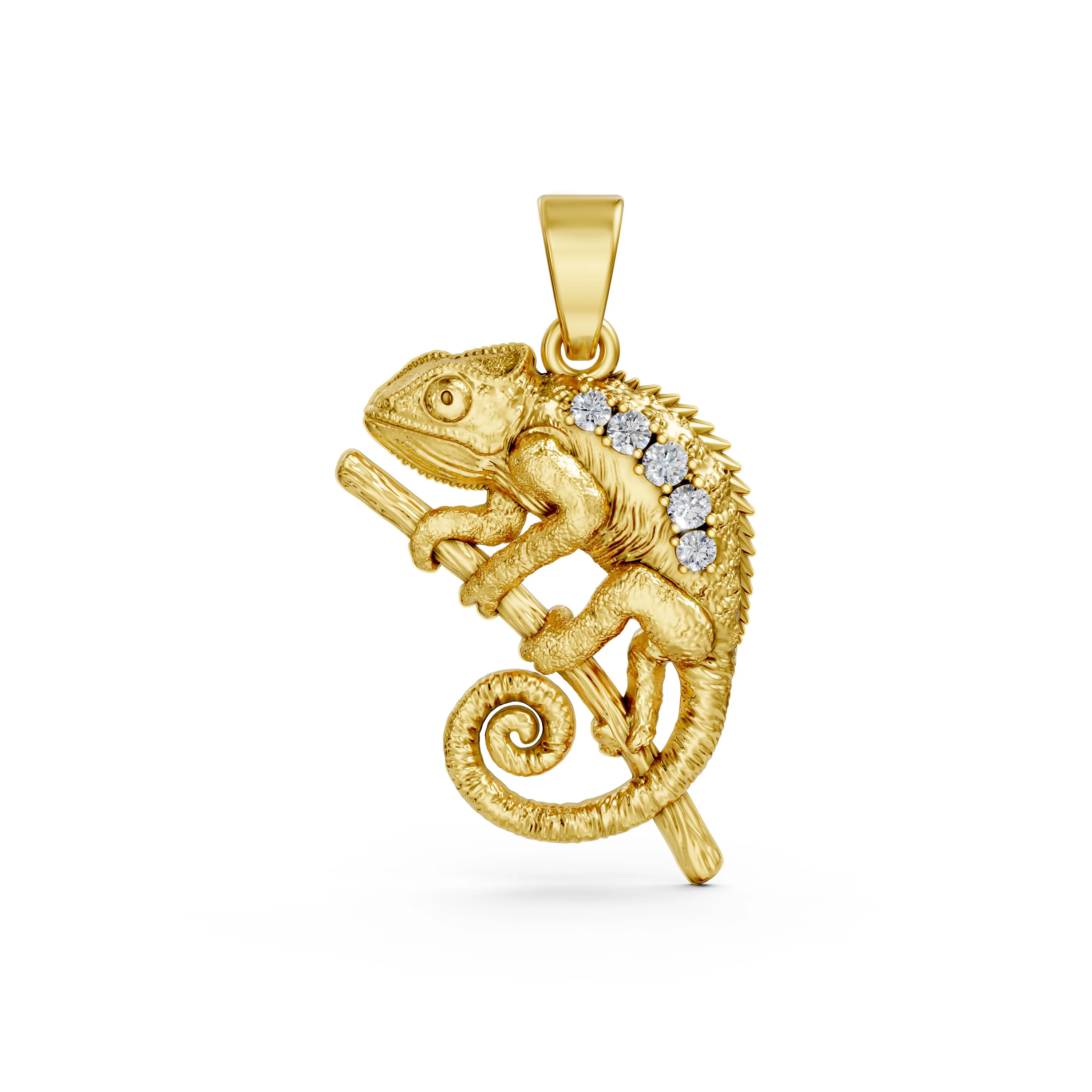 Diamond-Studded Chameleon Pendant in Solid Gold - Elegant Animal Pendant