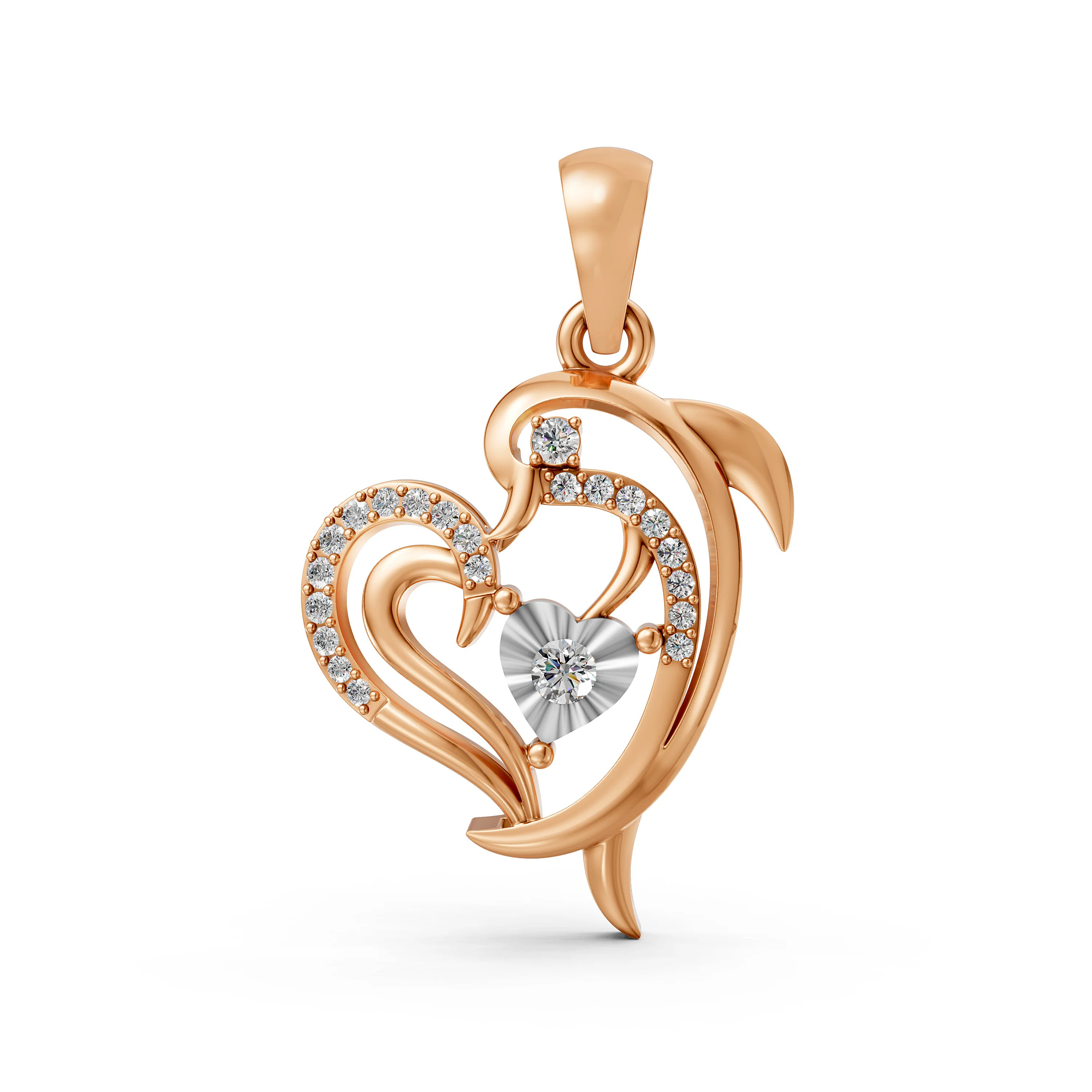 10K Rose Gold Dolphin Heart Pendant with Natural Diamond Design