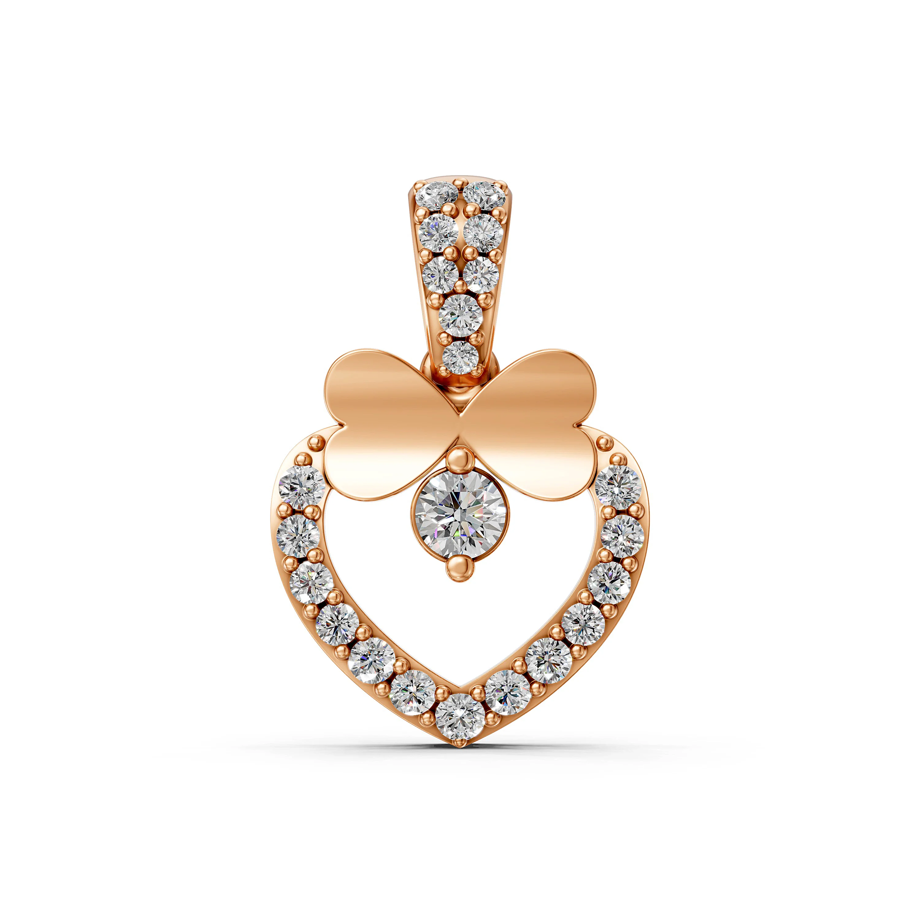 10K Rose Gold Heart with bow Pendant with Diamond studded Bail