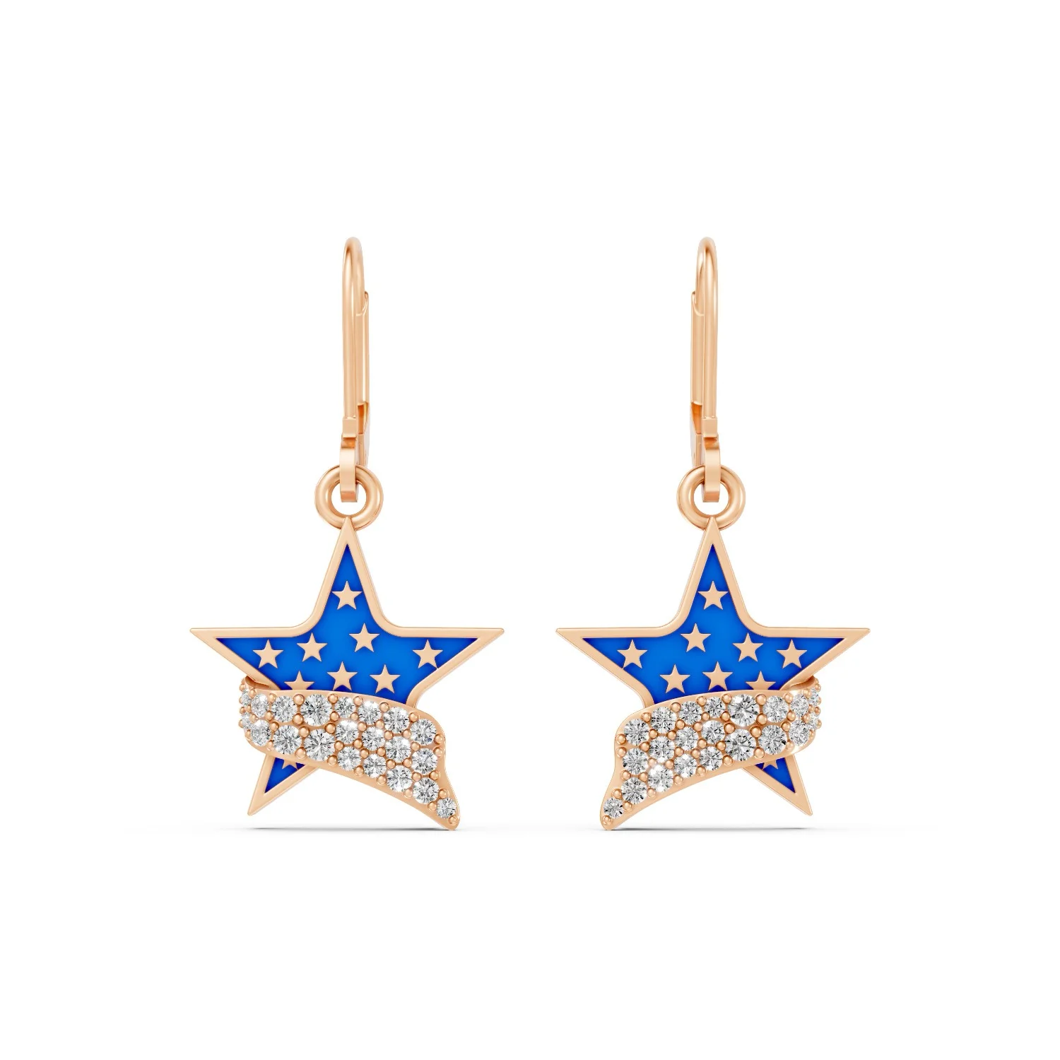 10K Rose Gold Patriotic Star Earrings with Blue and White American Flag Design - 0.20 CT.T.W Diamond