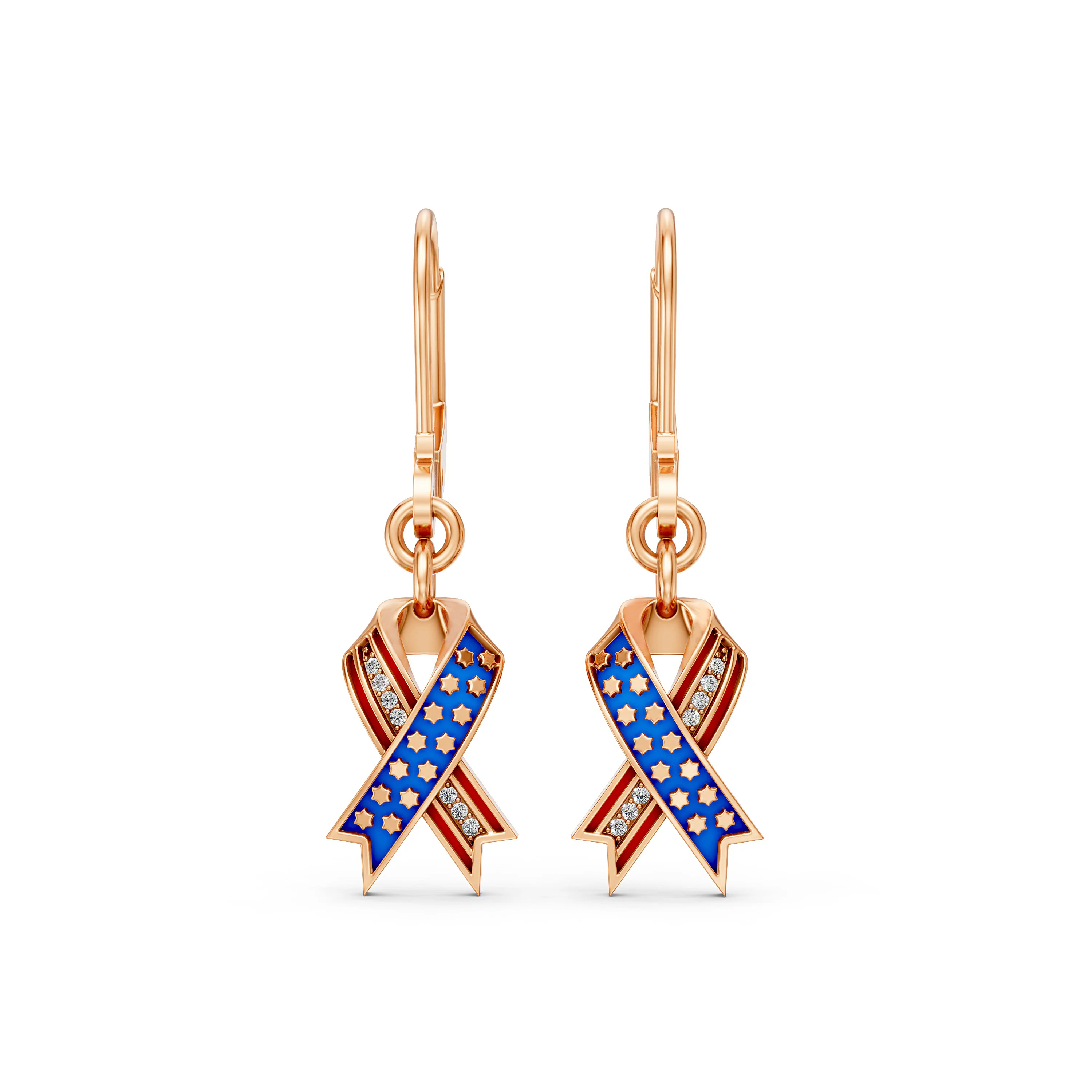 10K Rose Gold USA-Inspired Ribbon Natural Diamond Earrings - Perfect for Patriotic Occasion