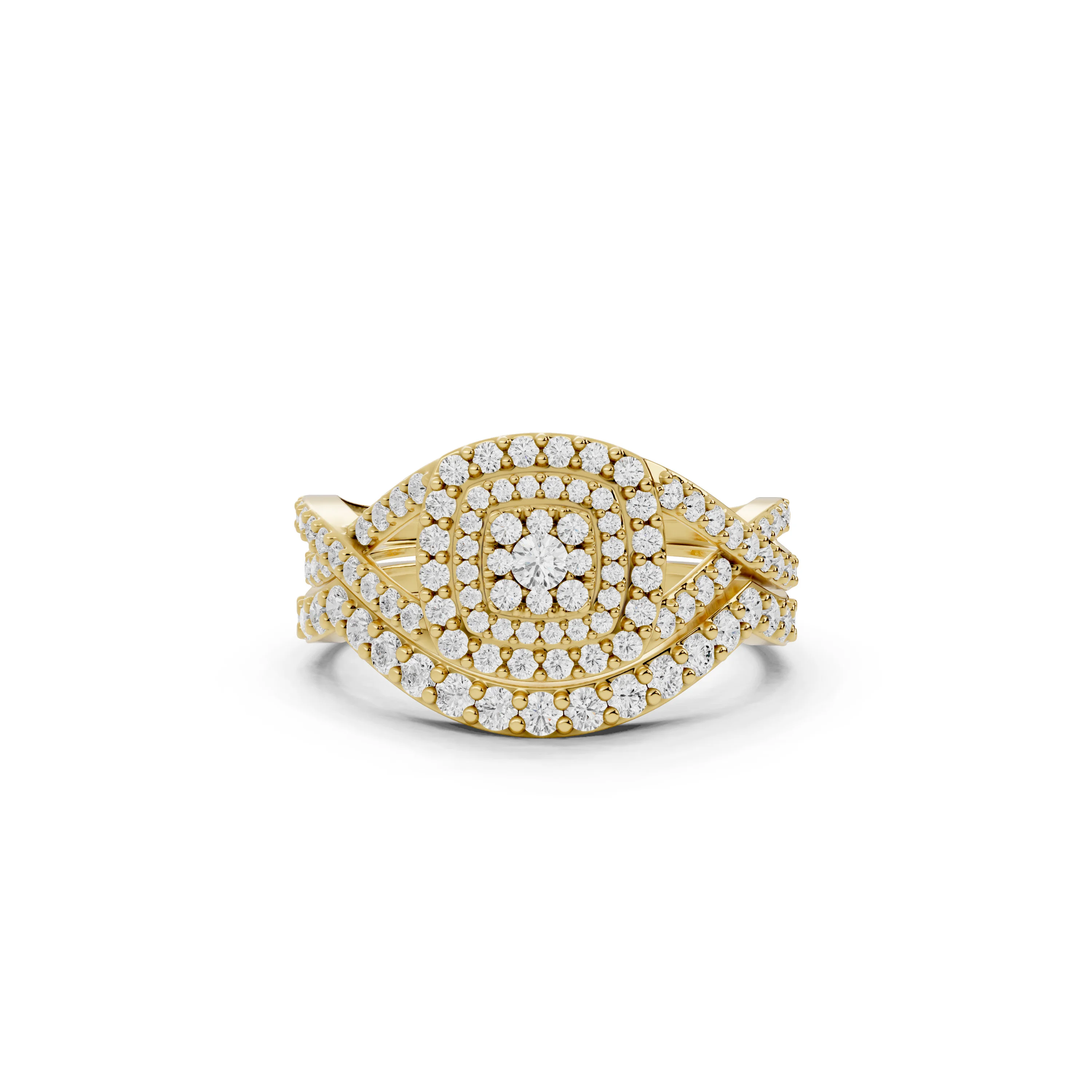 10KT Yellow Gold Diamond Cluster Bridal Ring set with Elegant Twisted Band with Round Prong Set Diamonds