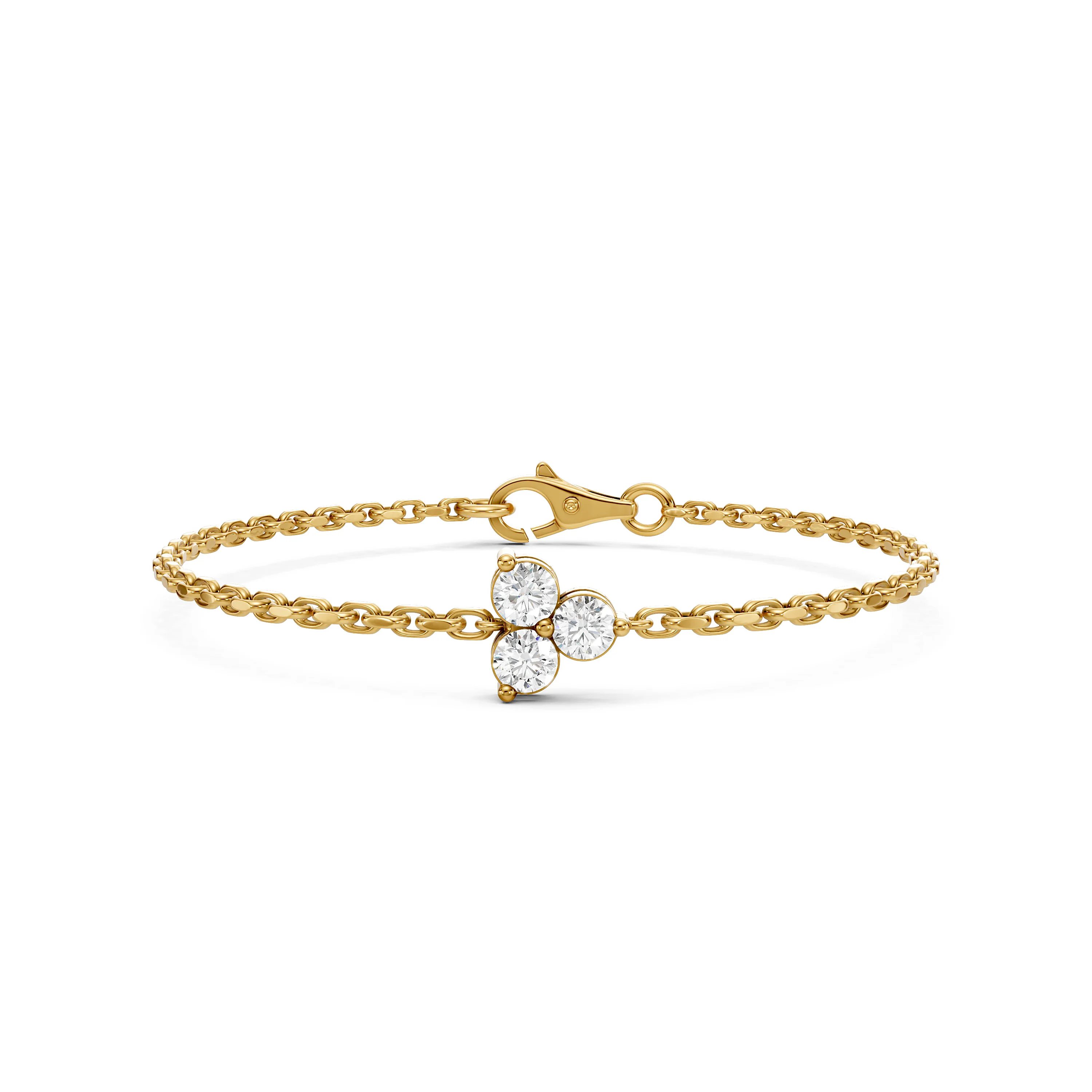 Three-Stone Natural Diamond Floral Charm Bracelet in Luxe Gold with Lobster Lock - 8.5 Inch