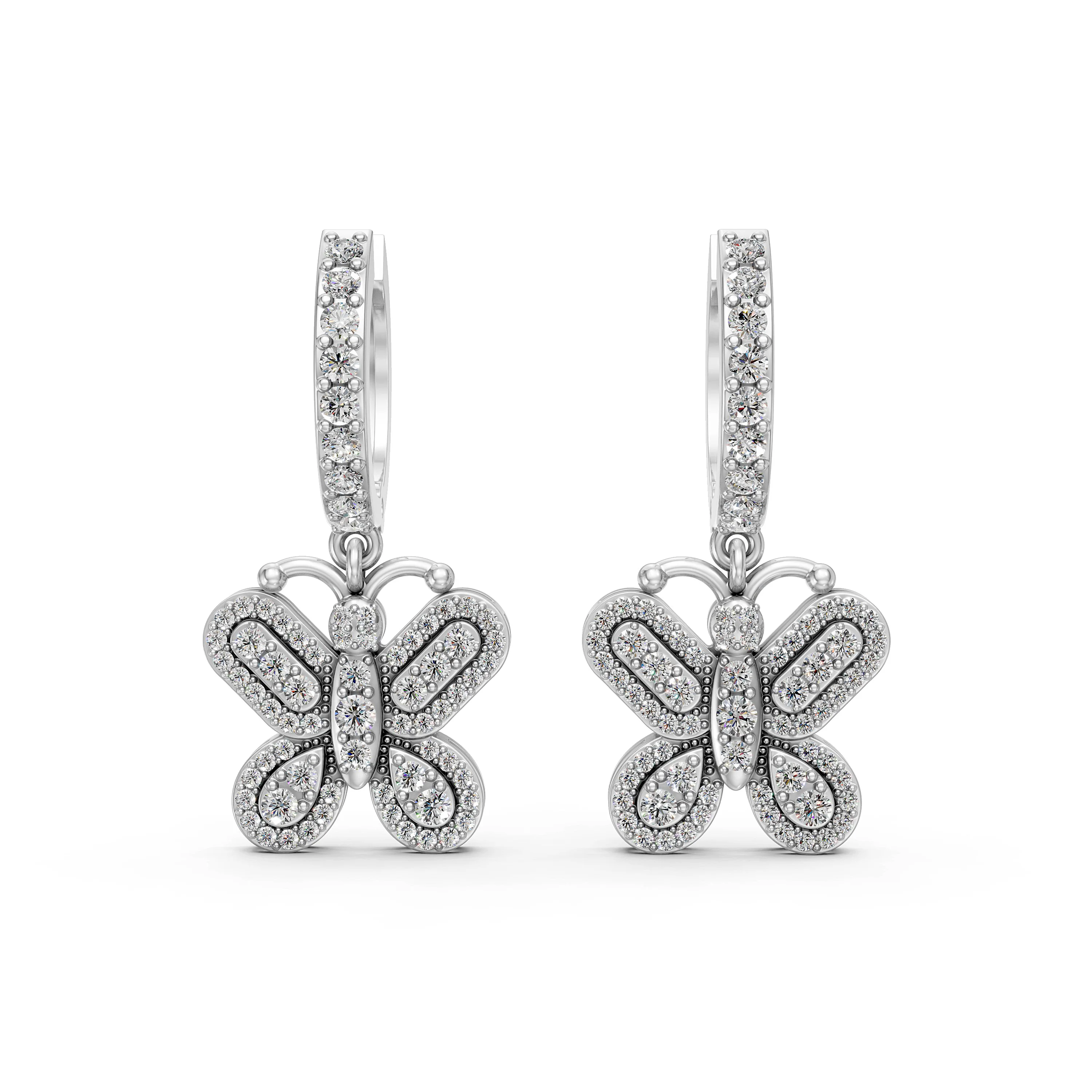 10K White Gold Diamond studded drop and dangle butterfly earring