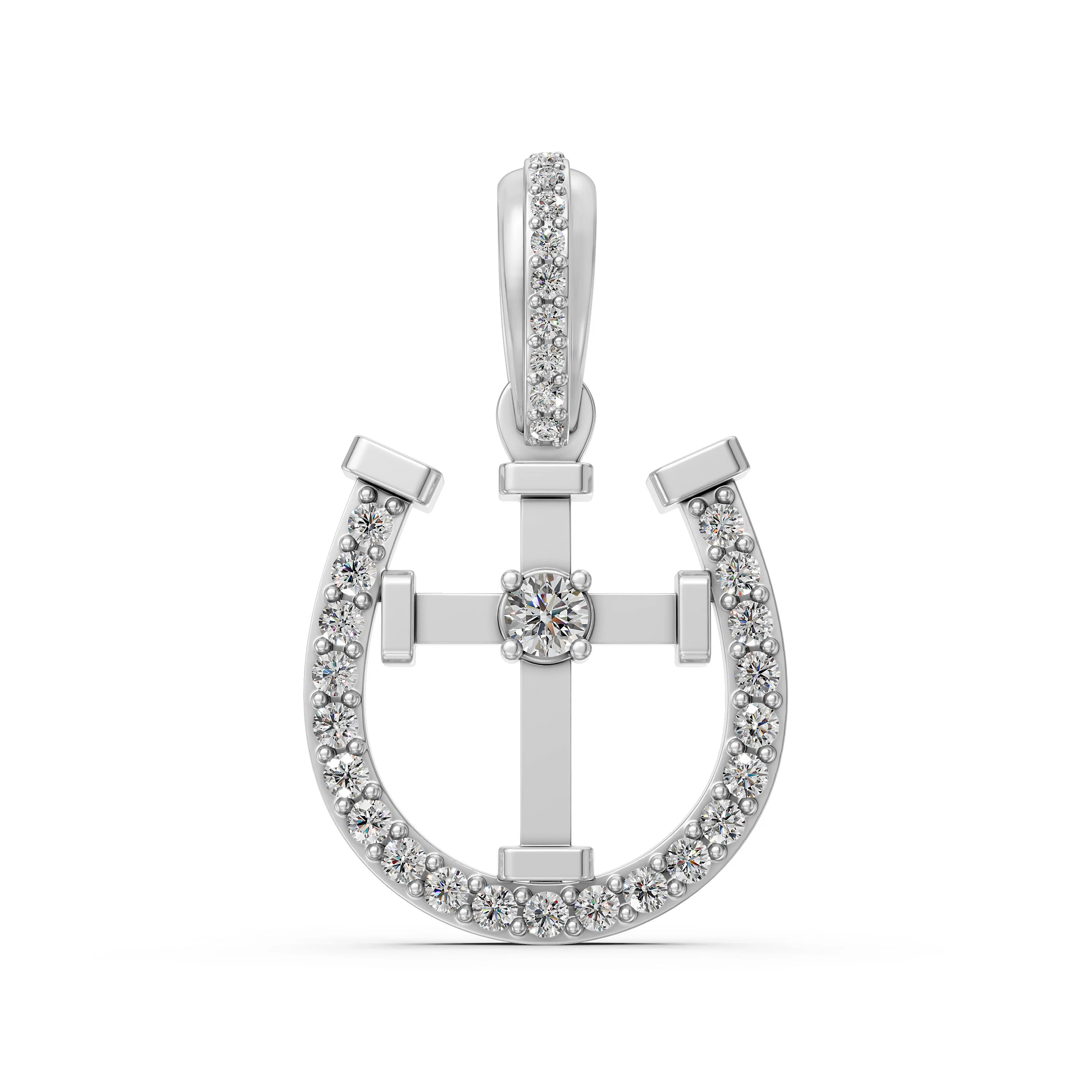 10K White Gold Horseshoe Cross Diamond Pendant