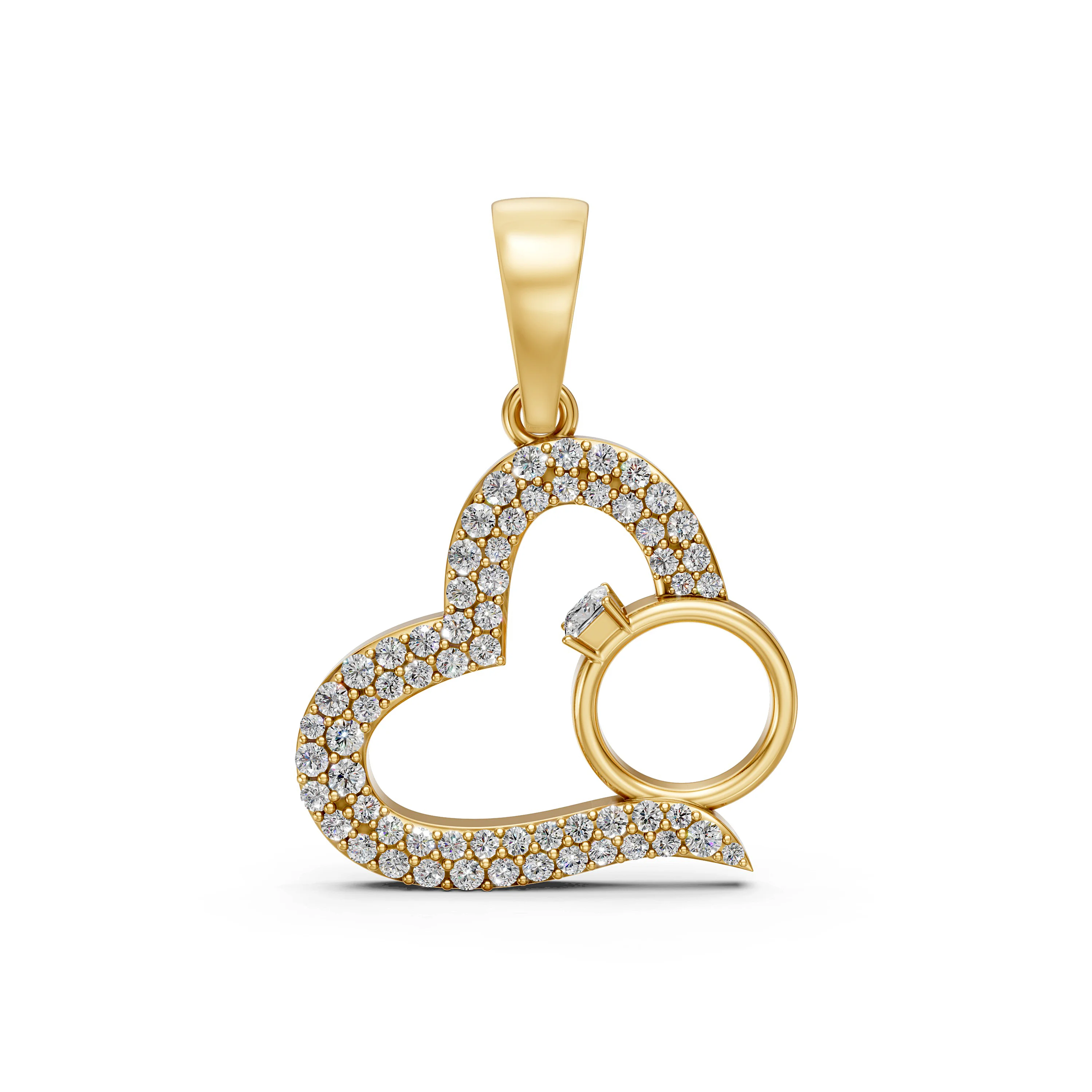 Solid Gold Diamond Studded Heart Ring Stitching Pendant Necklace for Women