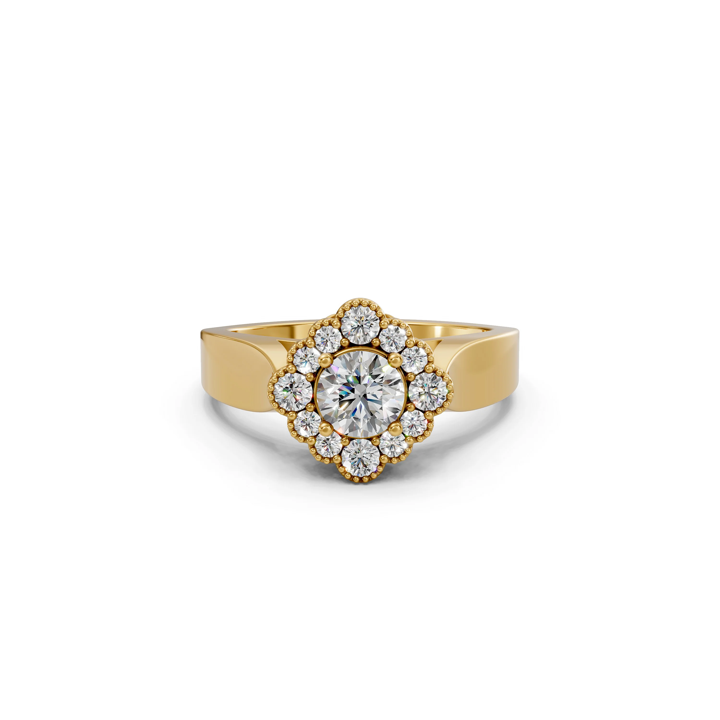 Solid Gold Flower Halo Diamond Engagement Ring