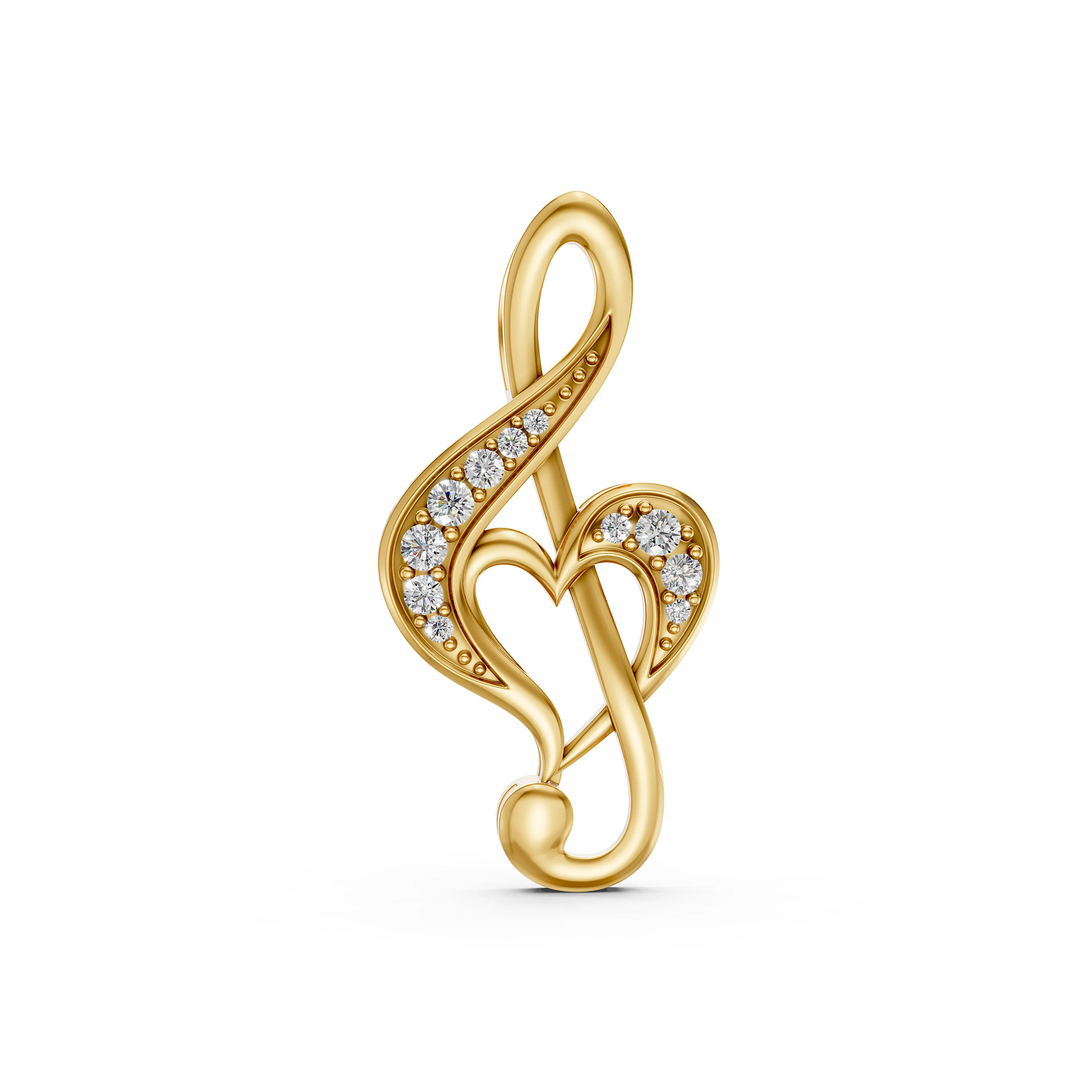 Solid Gold Heart-Shaped Treble Clef Pendant with Natural Diamonds