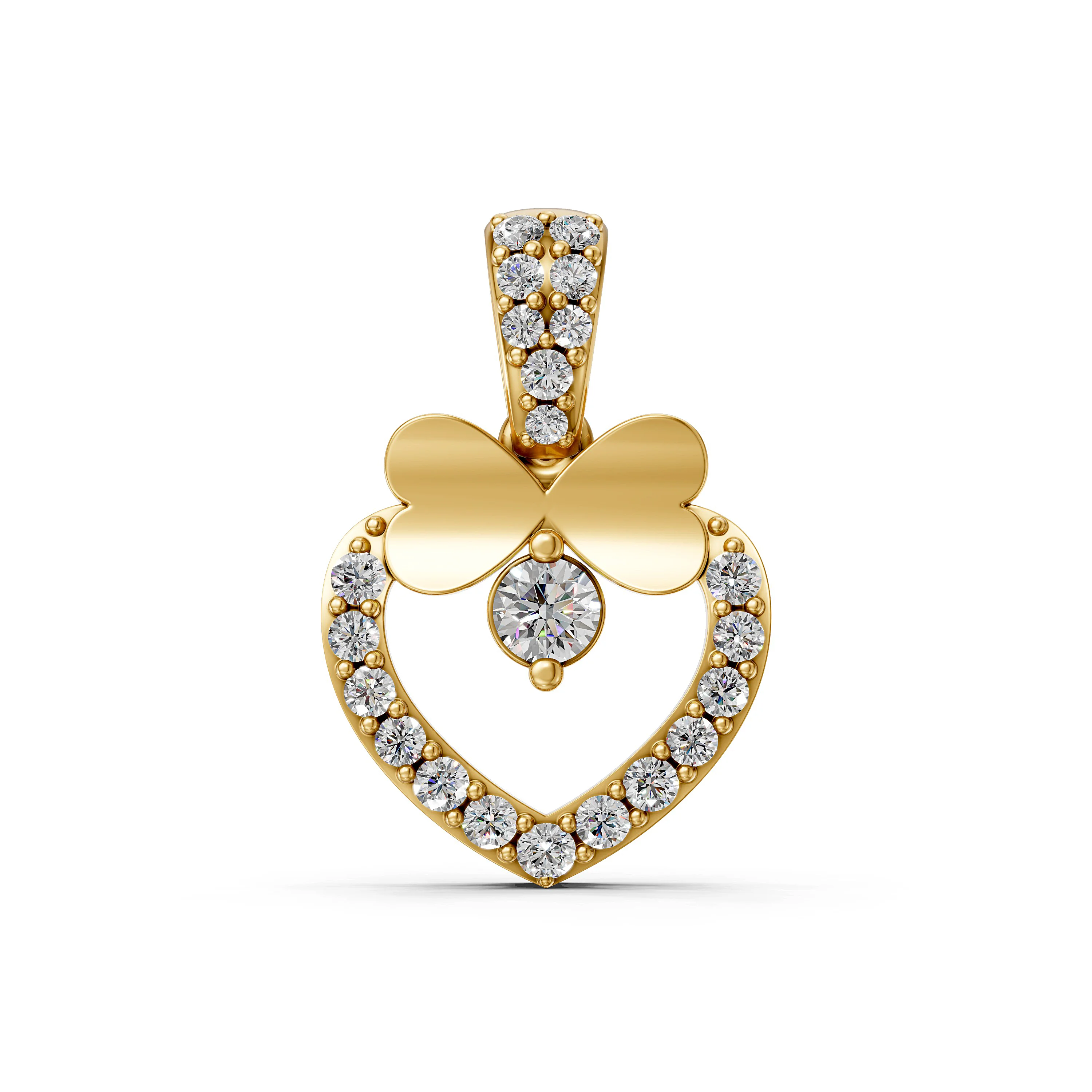 Solid Gold Heart with bow Pendant with Diamond studded Bail