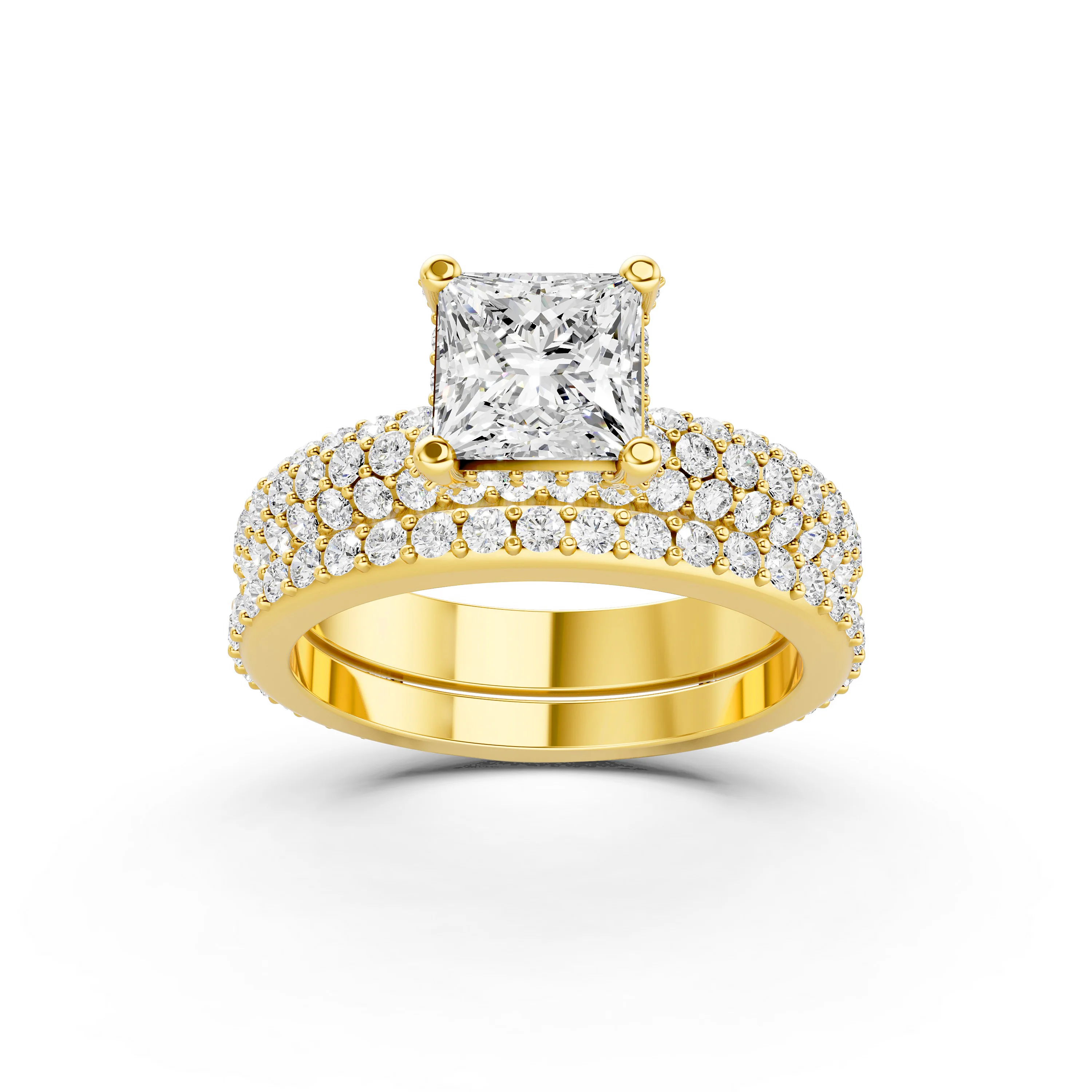 Solid Gold Lab Grown Princess and Round Diamonds Bridal Ring Sets