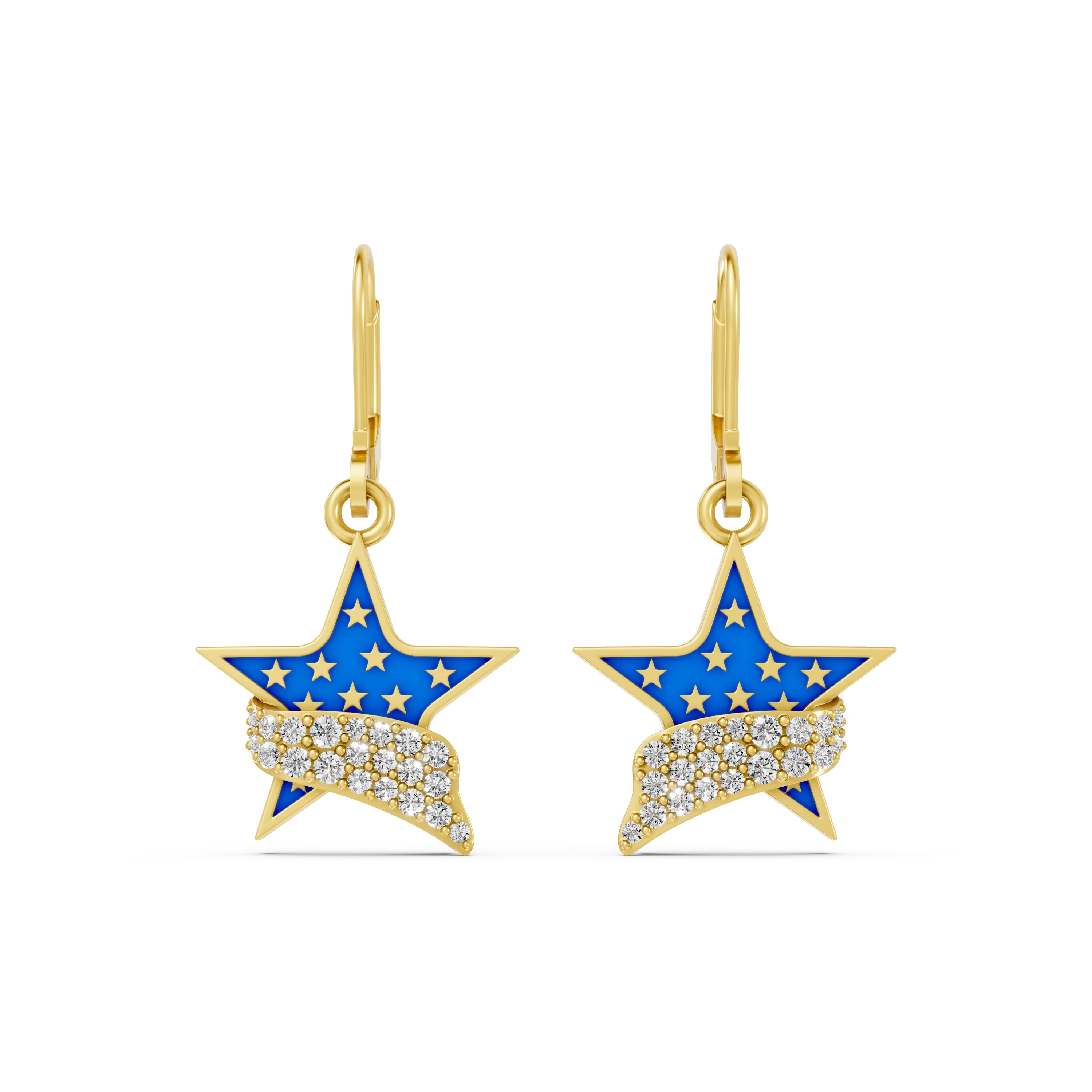 Solid Gold Patriotic Star Earrings with Blue and White American Flag Design