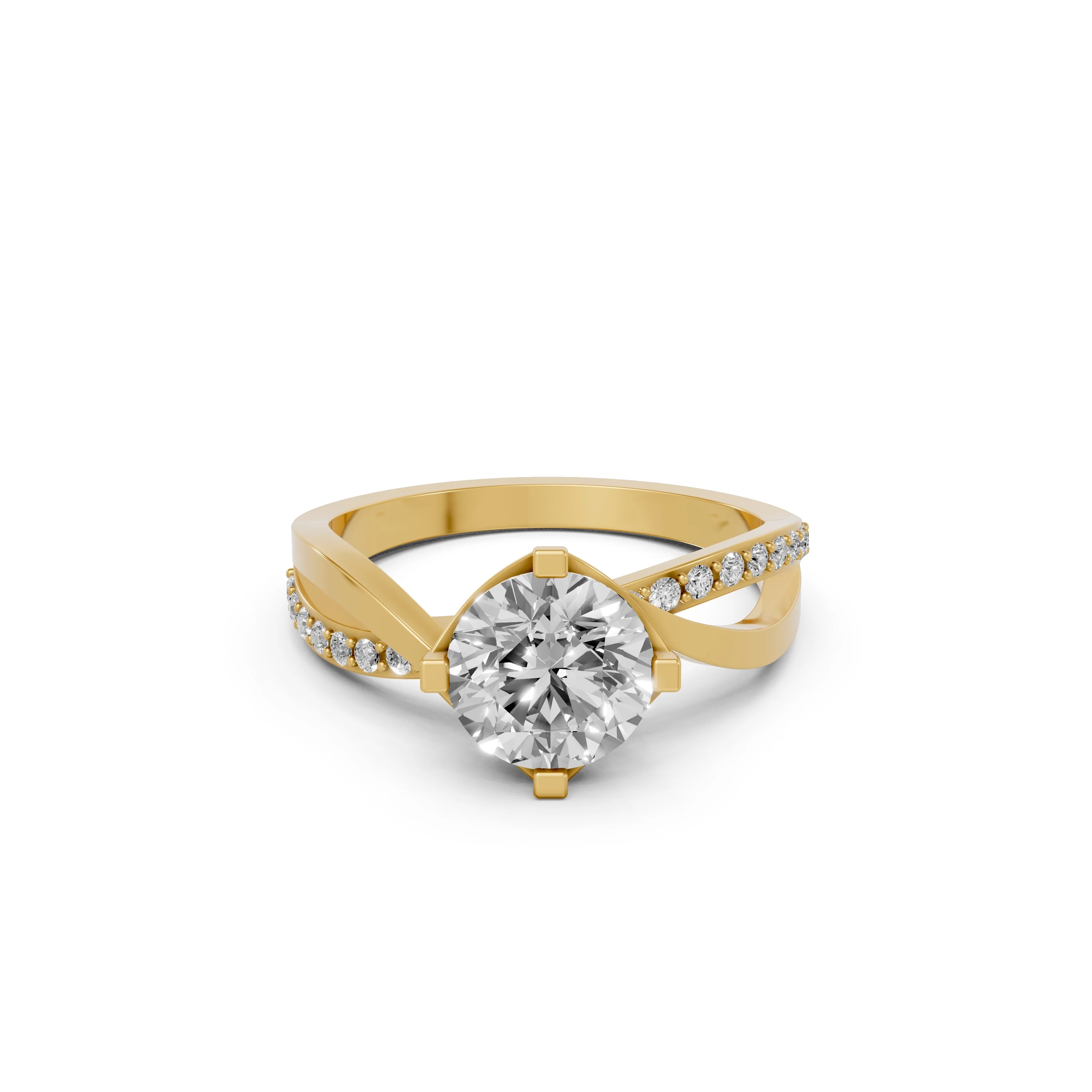 Solid Gold Twisted Band Diamond Ring with Round Center Diamond