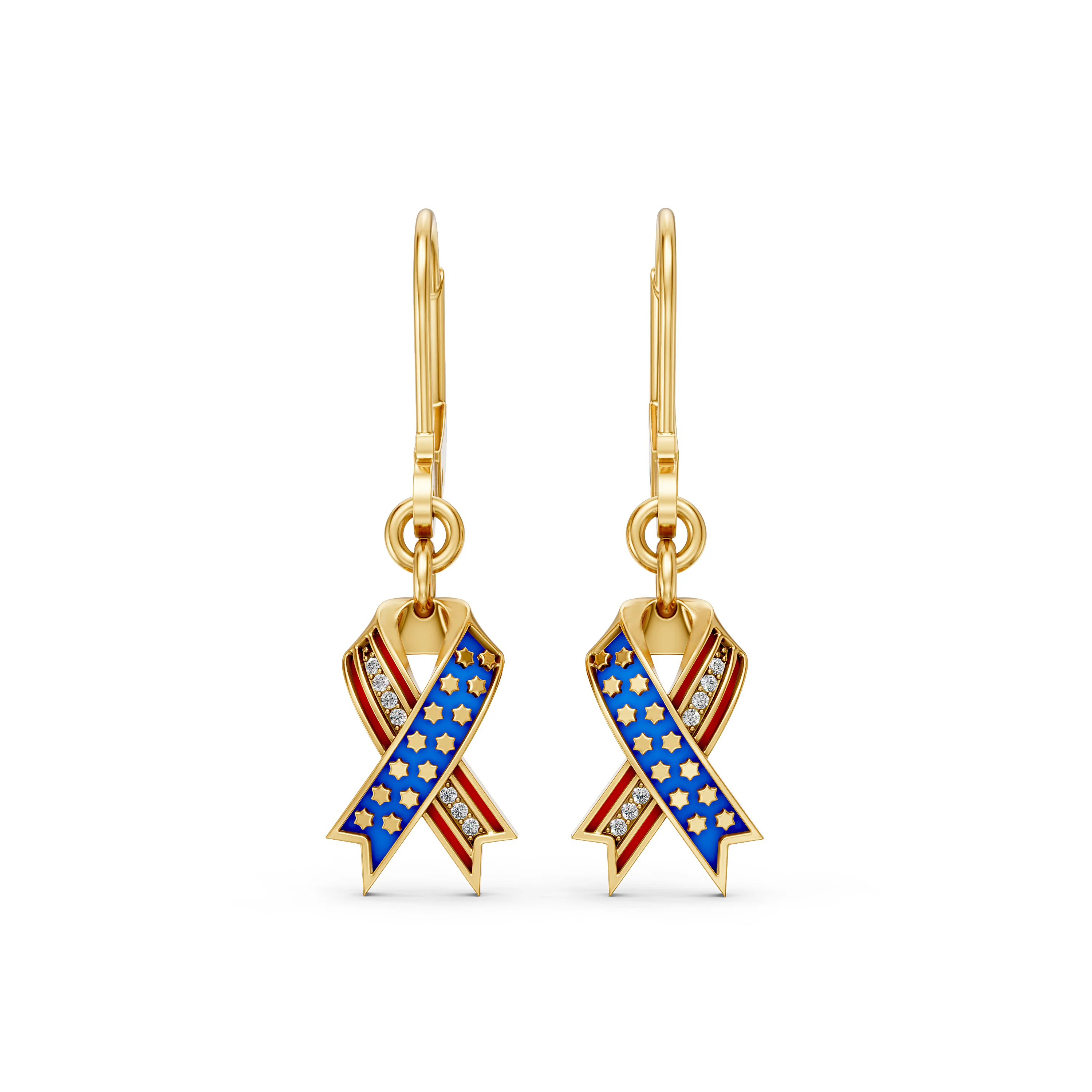 Solid Gold USA-Inspired Ribbon Natural Diamond Earrings - Perfect for Patriotic Occasion